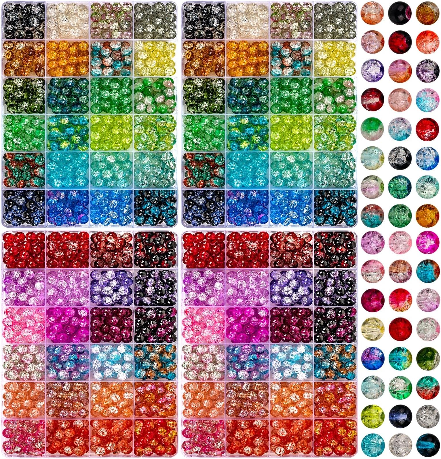 XSEINO 2400 Pieces 8mm Crack Glass Beads for Jewelry Making,48 Dazzling Colors Round Glass Beads for Making and DIY Crafts