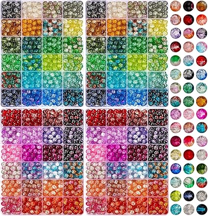 XSEINO 2400 Pieces 8mm Crack Glass Beads for Jewelry Making,48 Dazzling Colors Round Glass Beads Friendship Beads for Bracelet Earring Necklaces Making and DIY Crafts