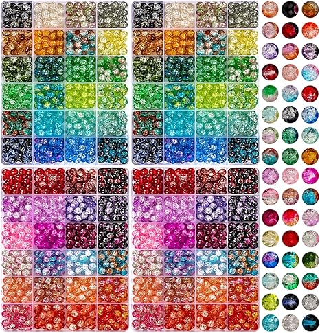 XSEINO 2400 Pieces 8mm Crack Glass Beads for Jewelry Making,48 Dazzling Colors Round Glass Beads Friendship Beads for Bracelet Earring Necklaces Making and DIY Crafts