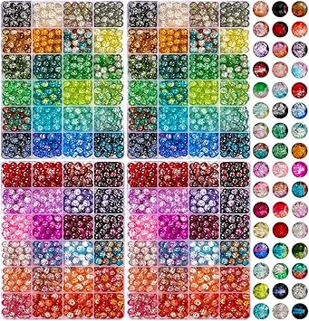 XSEINO 2400 Pieces 8mm Crack Glass Beads for Jewelry Making,48 Dazzling Colors Round Glass Beads Friendship Beads for Bracelet Earring Necklaces Making and DIY Crafts