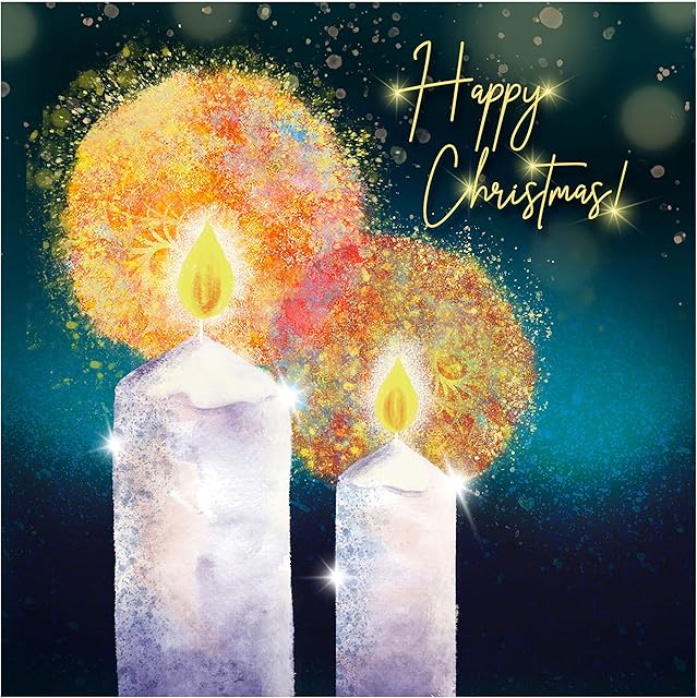 Christmas cards - Happy Christmas Candles, 10 Christmas cards in pack with 10 white envelopes, foiled cards - Designed, printed and hand-packed in the UK, by Just Cards Direct