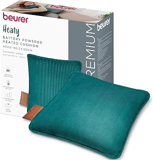 Beurer Heaty Heizkissen, kabelloses Heizkissen mit Akku, Wärmekissen mit Abschaltautomatik und 3 Temperaturstufen, mit Schnellheizung, weicher Cordstoff, dunkelgrün