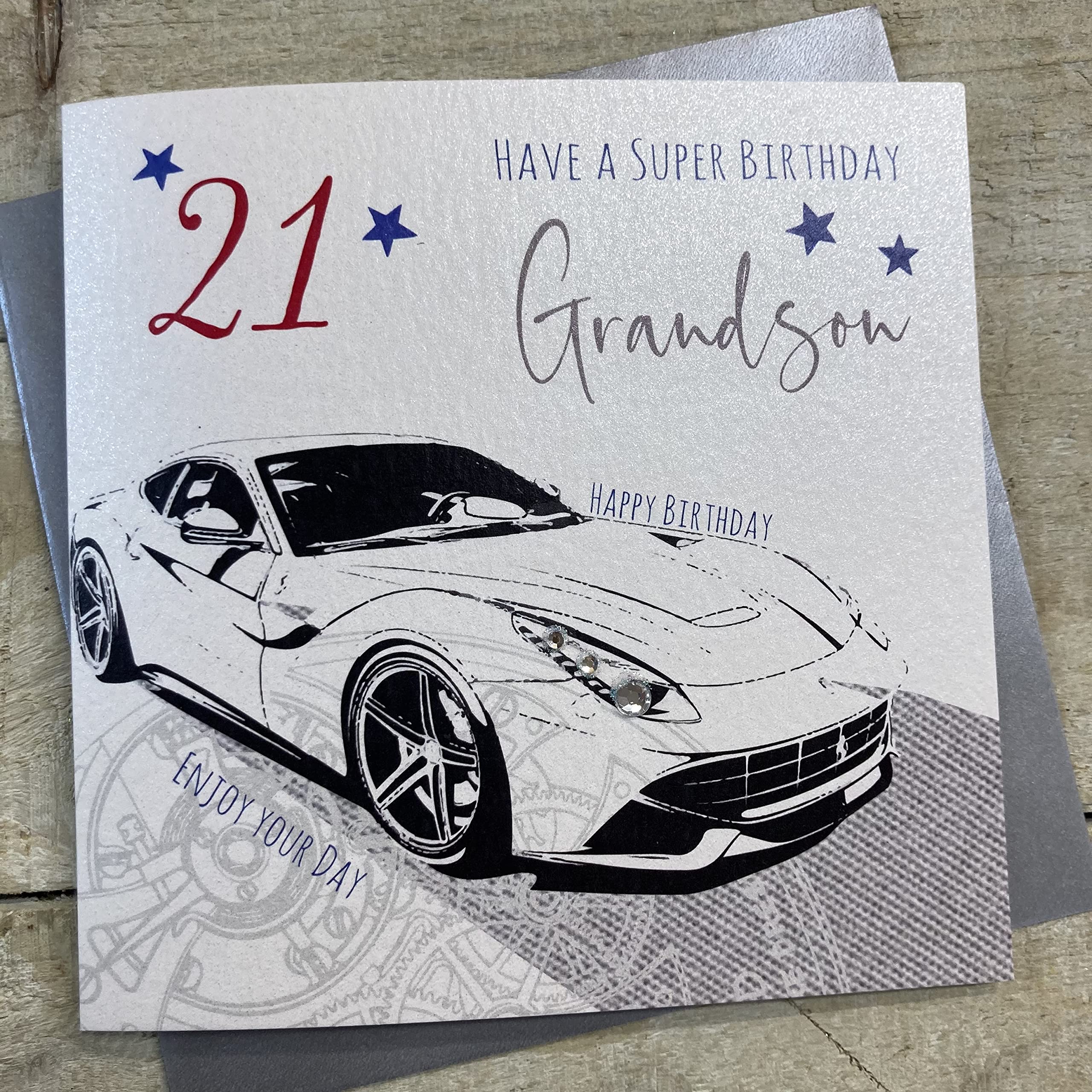 White Cotton Cards 21. Geburtstagskarte – Handgefertigt, Mit Glitzer & Strass, 16 X 16 Cm, Für Enkel