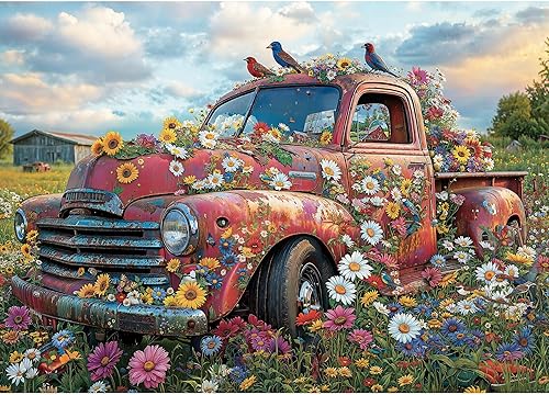 Rompecabezas para adultos de 1000 piezas, rompecabezas vintage de autos rojos y flores, rompecabezas de 1000 piezas con letras en la parte