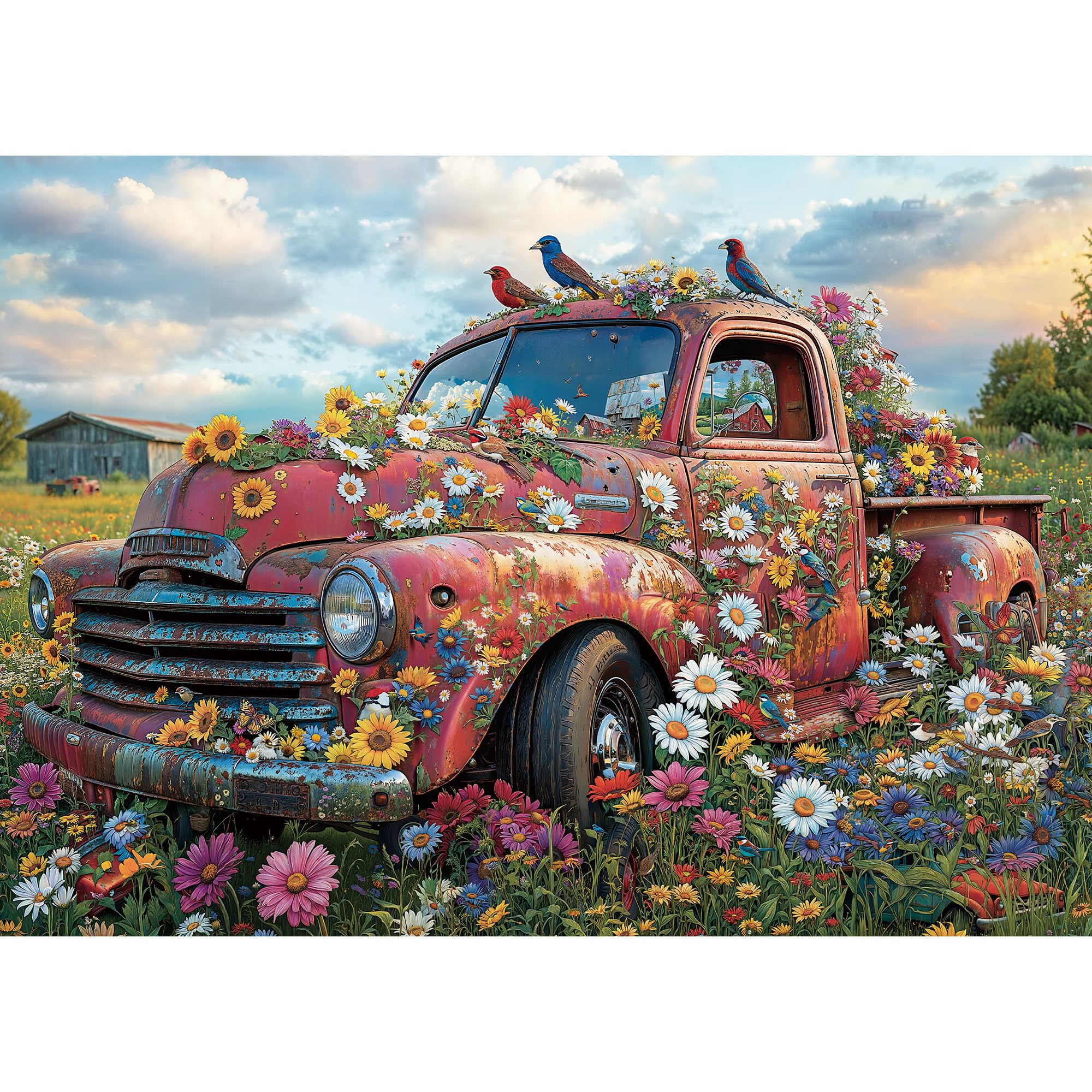 lamplig Puzzles for Adults 1000 Pieces - Jigsaw Puzzles Vintage Red Cars and Blooms - 1000 Piece Puzzles with Letters on Back - Puzzle for Fun Game