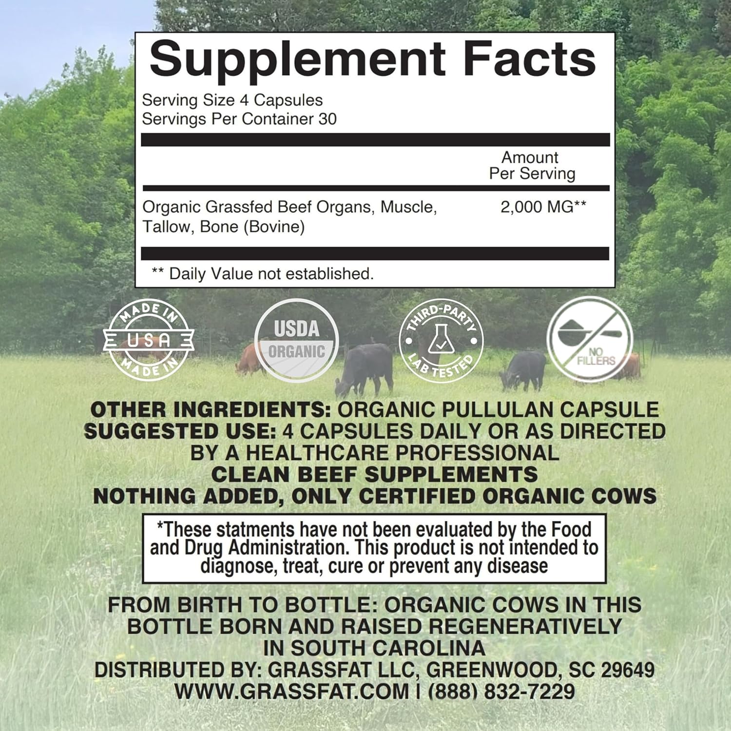 Grassfat Farm - USDA Certified Organic 100% Grassfed Beef Organ Supplements - Whole Cow with Nothing Added - Beef Liver, Kidney, Lungs, Heart, Bone & Muscle - NO Uterus or Fallopian - 30-Day Supply