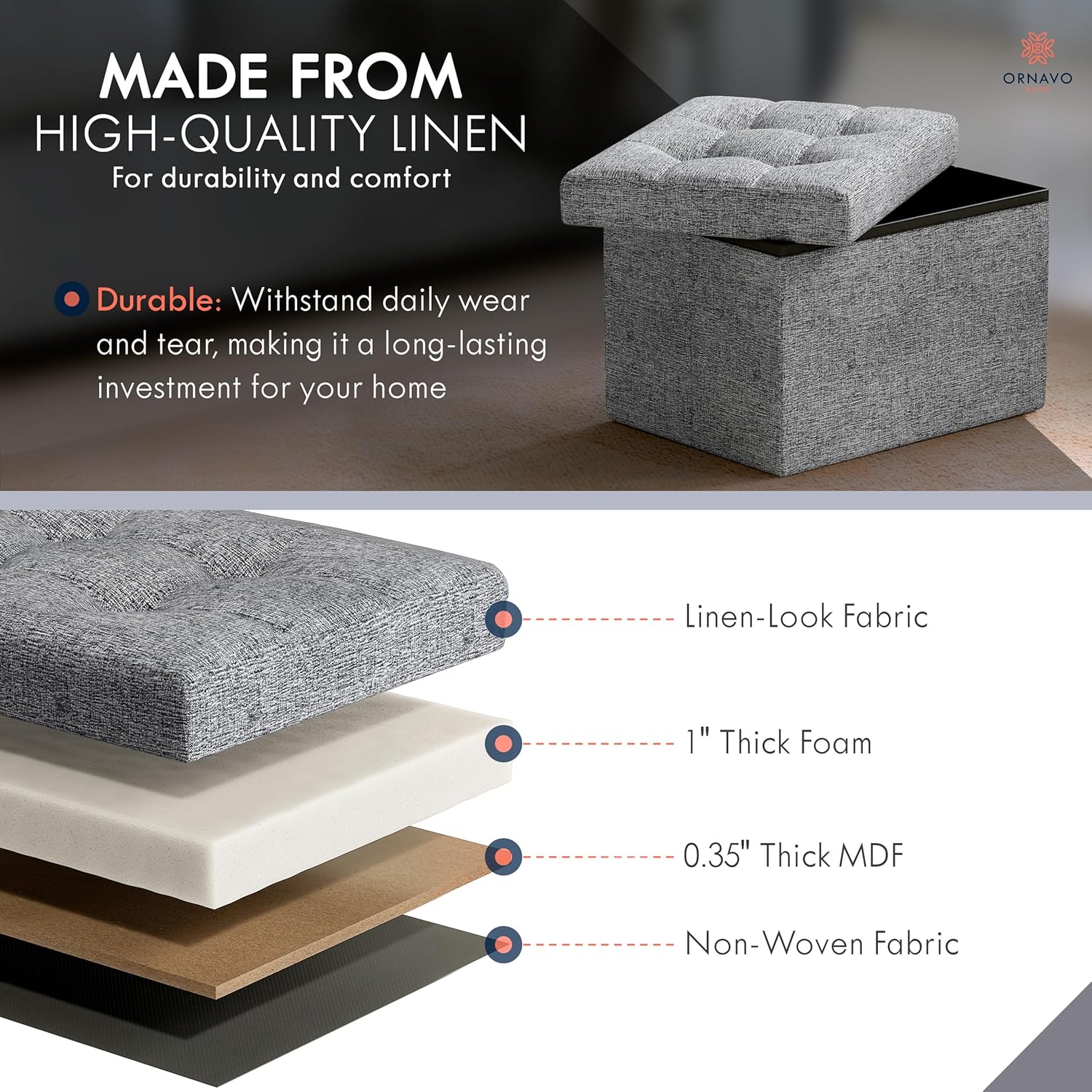 Ornavo Home Small Storage Ottoman Foldable Collapsible Rectangle Linen Ottoman Foot Rest Stool Seat, for Living Room, Bedroom, Home Office, Dorm - 12 x 16 x 12, Gray