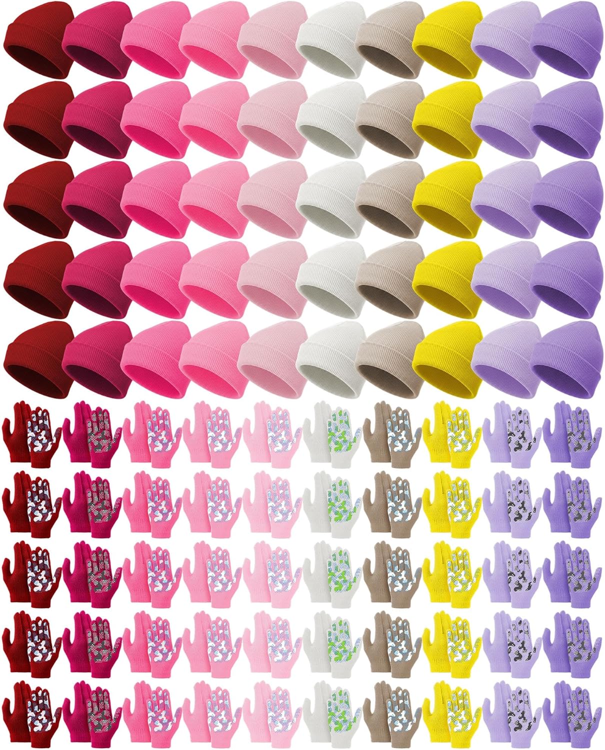 JaGely 100 Pcs Kids Beanies Hats and Gloves Set Bulk for Girls Boys Winter Warm Knitted Beanies Anti-slid Gloves with Grips