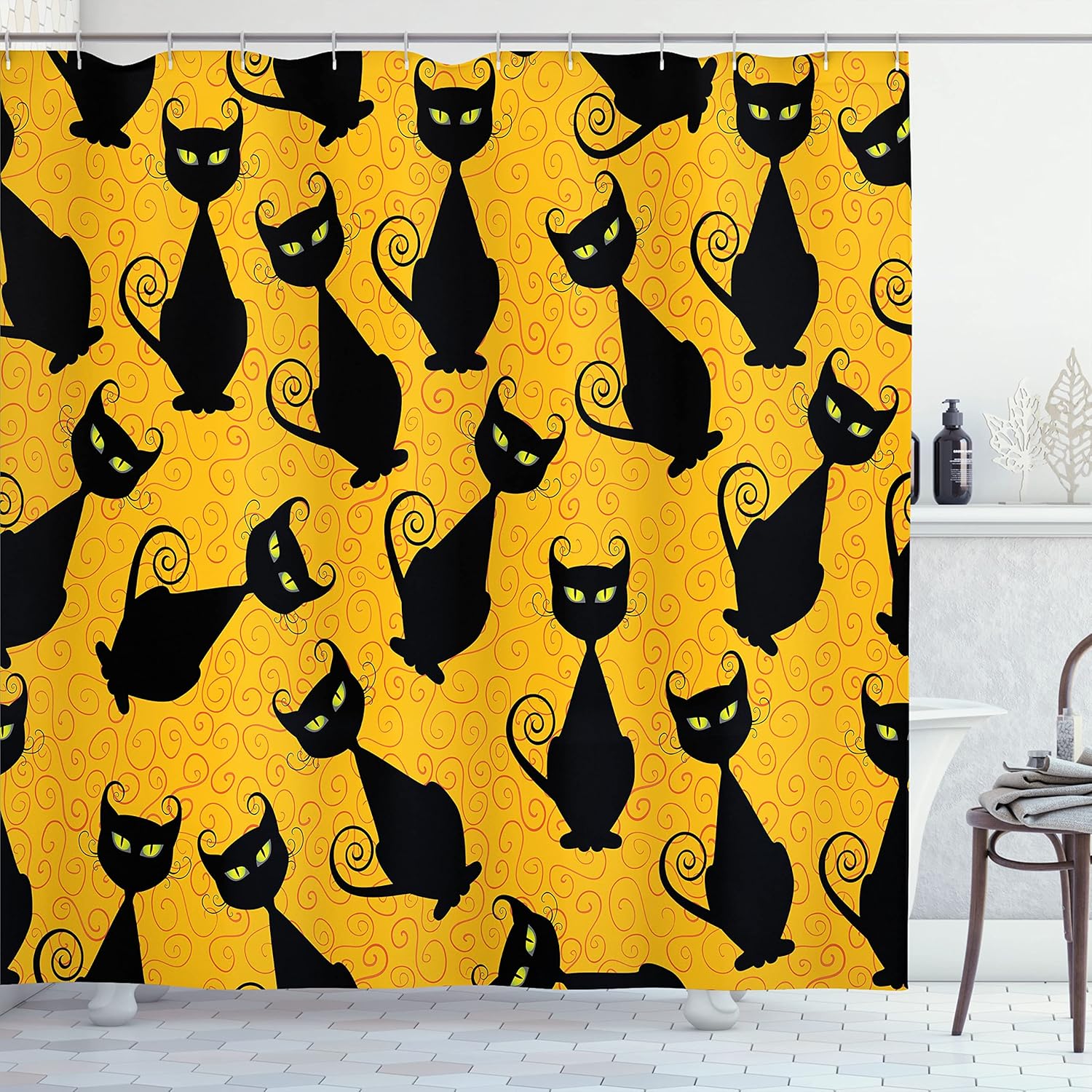 Ambesonne Vintage Shower Curtain, Black Cat Pattern for Halloween on Orange Background Celebration Graphic Patterns, Cloth Fabric Bathroom Decor Set with Hooks, 69" W x 70" L, Black Yellow