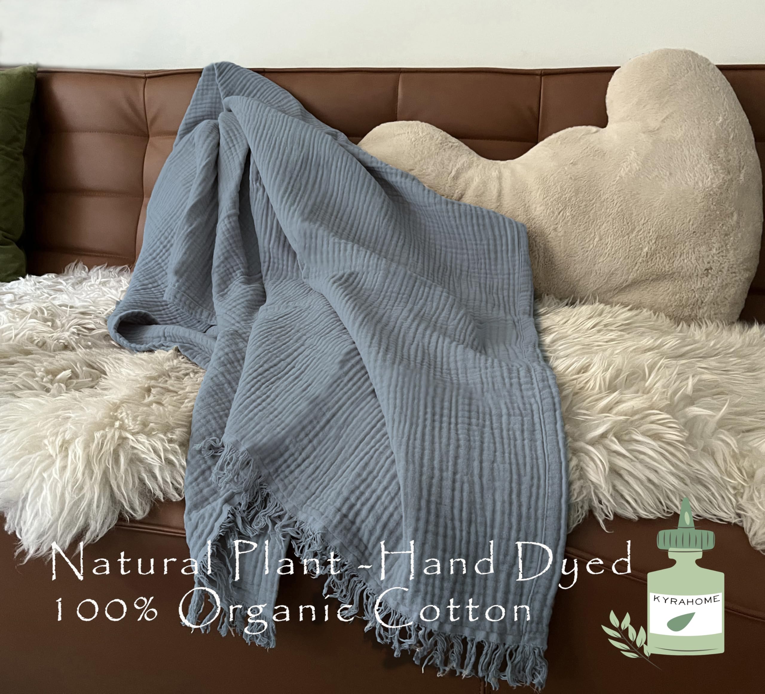 KyraHome 100% Organic Cotton 55"x60" Muslin Throw Blanket for Couch Sofa Adult Pre-Washed Plant Hand Dyed, Breathable Soft - Image 3