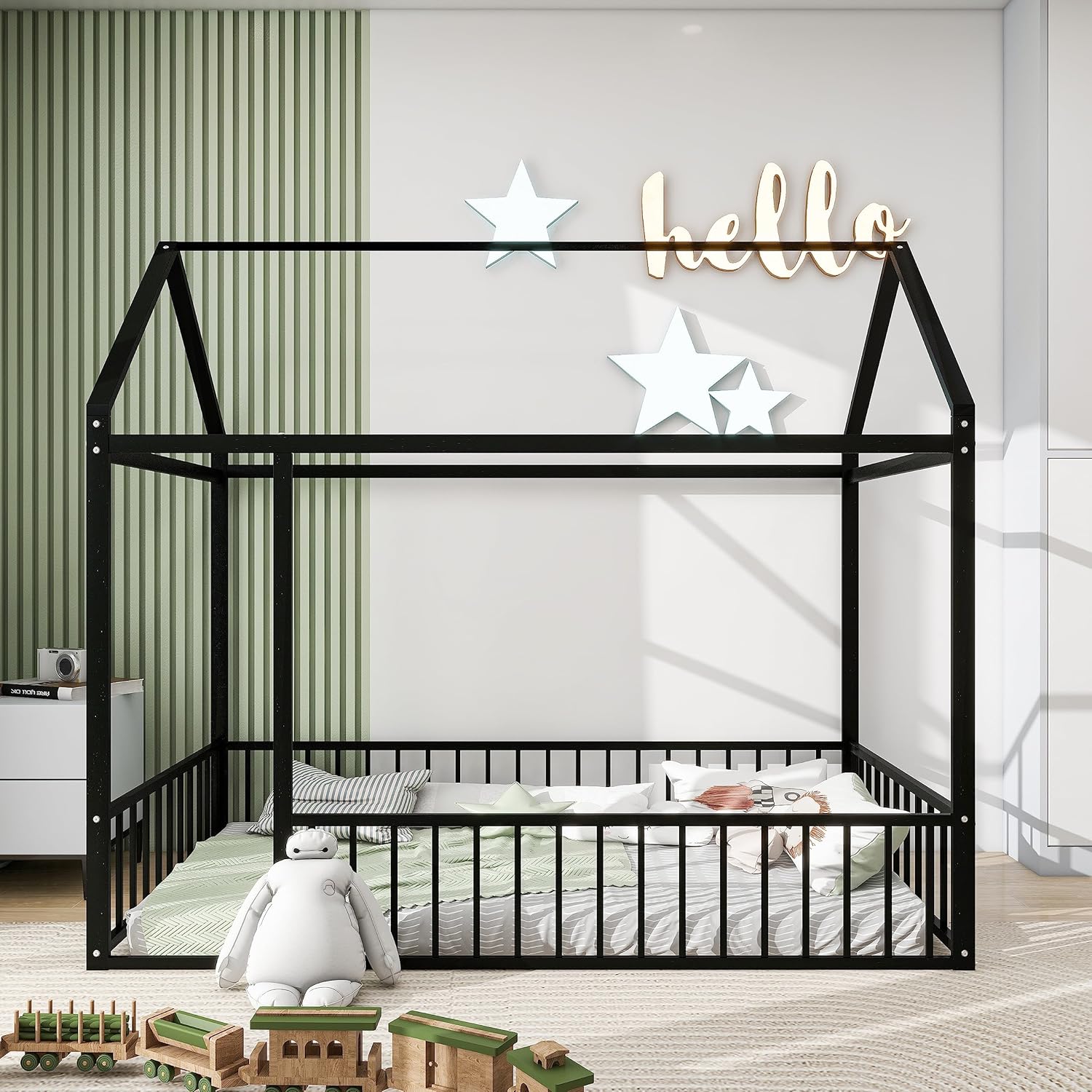Twin Size Modern House Bed with Fence, Metal Floor Platform Bed with Roof Frame for Kids Teens Girls Boys Bedroom Furniture, Can be Decorated, No Box Spring Needed (Black-01, Twin)