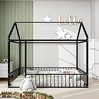 Vista 13 de Cama de metal de tamaño matrimonial con valla para niños, adolescentes, niñas, niños, cama de piso de casa, camas Montessori, se puede decorar marco