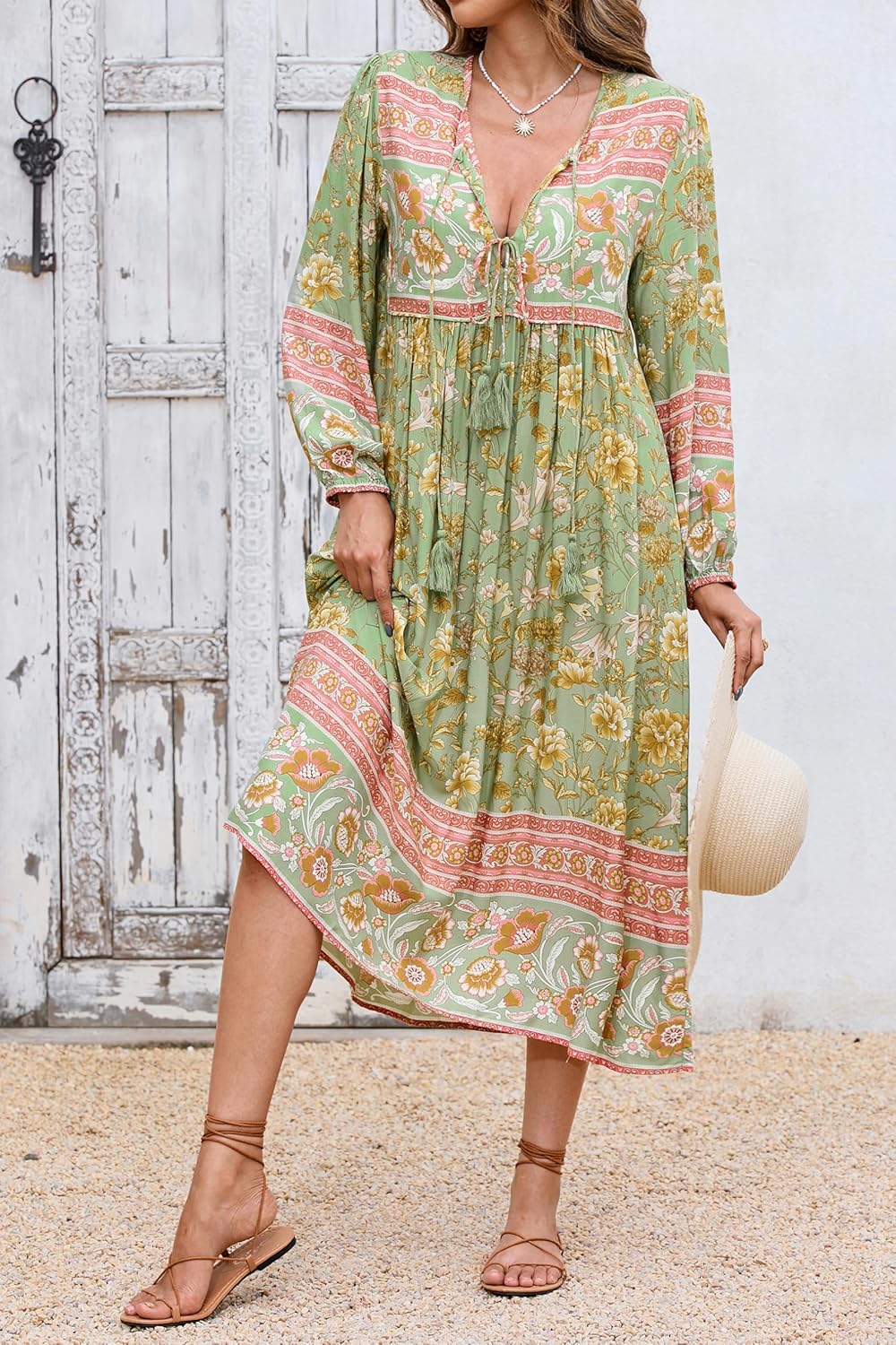 R.Vivimos Women's Long Sleeves Floral Print Retro V Neck Tassel Casual Bohemian Midi Dresses - Image 5