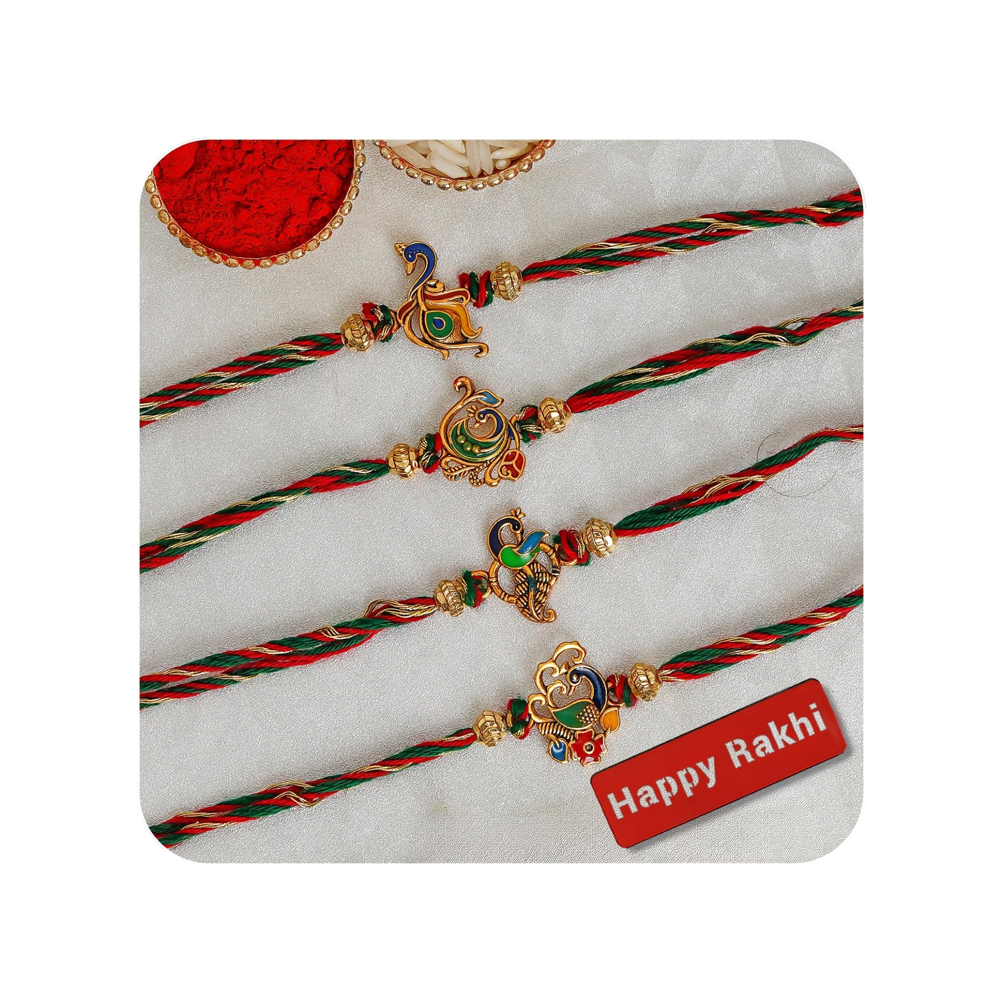 eCraftIndia Set of 4 Multicolor Designer Peacock Rakhis, Happy Rakhi Wooden Cutout with Roli Chawal Pack - Rakhi for Brother, Bhaiya, Bhai (B0D1CFWY6G) Amazon Price History, Amazon Price Tracker