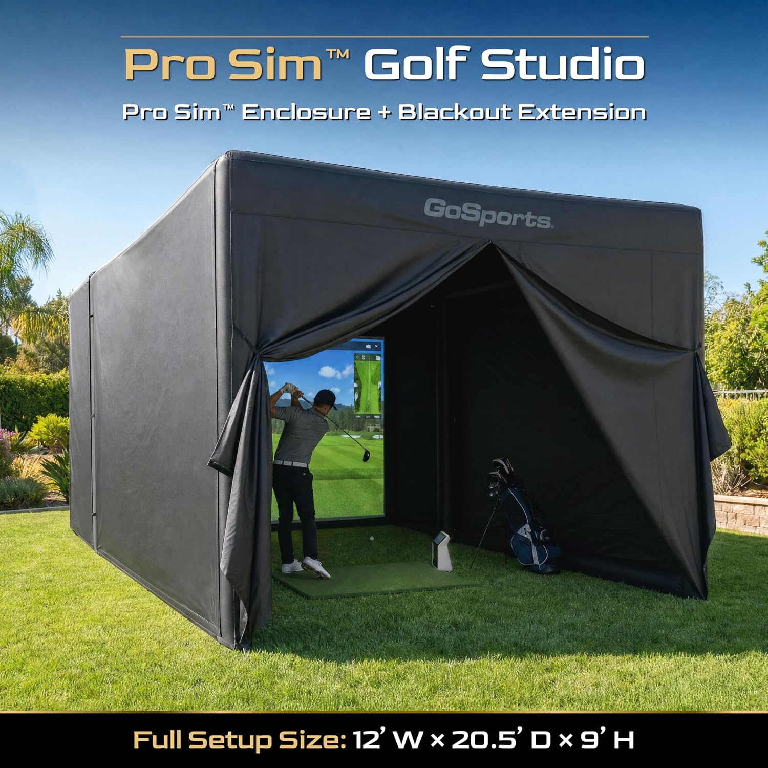 GoSports Fully Enclosed Inflatable Golf Simulator Studio for Home & Commercial Use - 12 x 9 ft Portable Indoor & Outdoor Pro Sim with Impact Screen, Pump & Case
