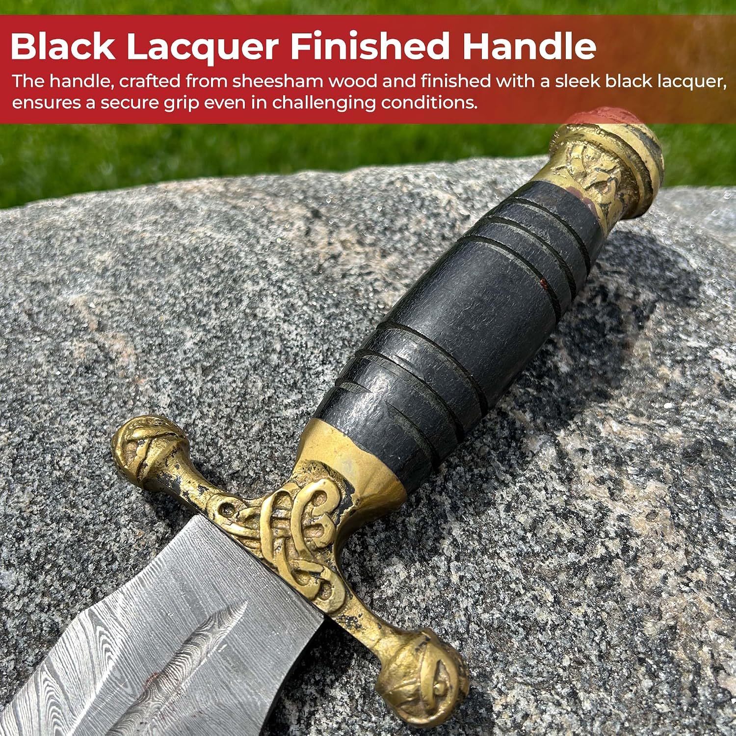 MedievalDepot Noble Strategist Hand Forged Damascus Steel Viking Dagger – Overall 19” Fixed Blade with Rose Wood Handle, Brass Guard, and Leather Sheath