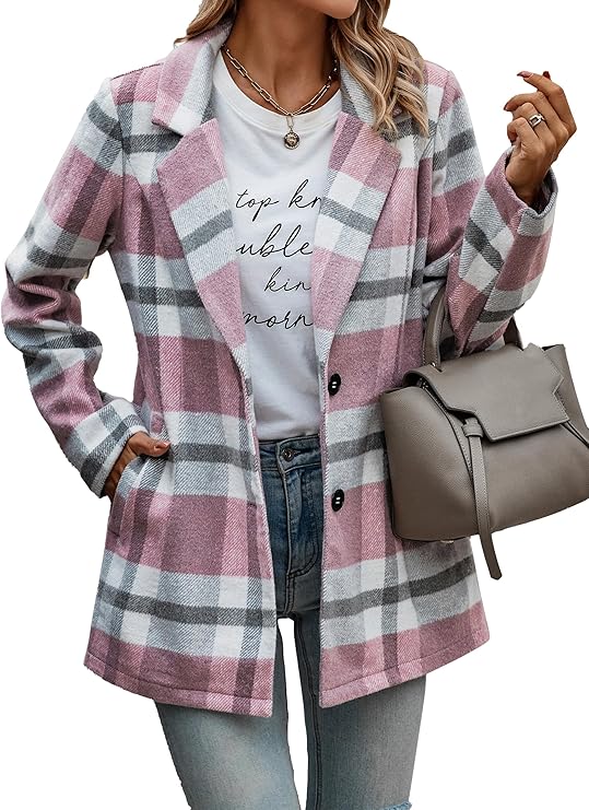 PRETTYGARDEN Women Plaid Shacket Jacket Trendy Fall Casual Button Wool Blend Tartan Trench Coat Winter Clothing with Pockets