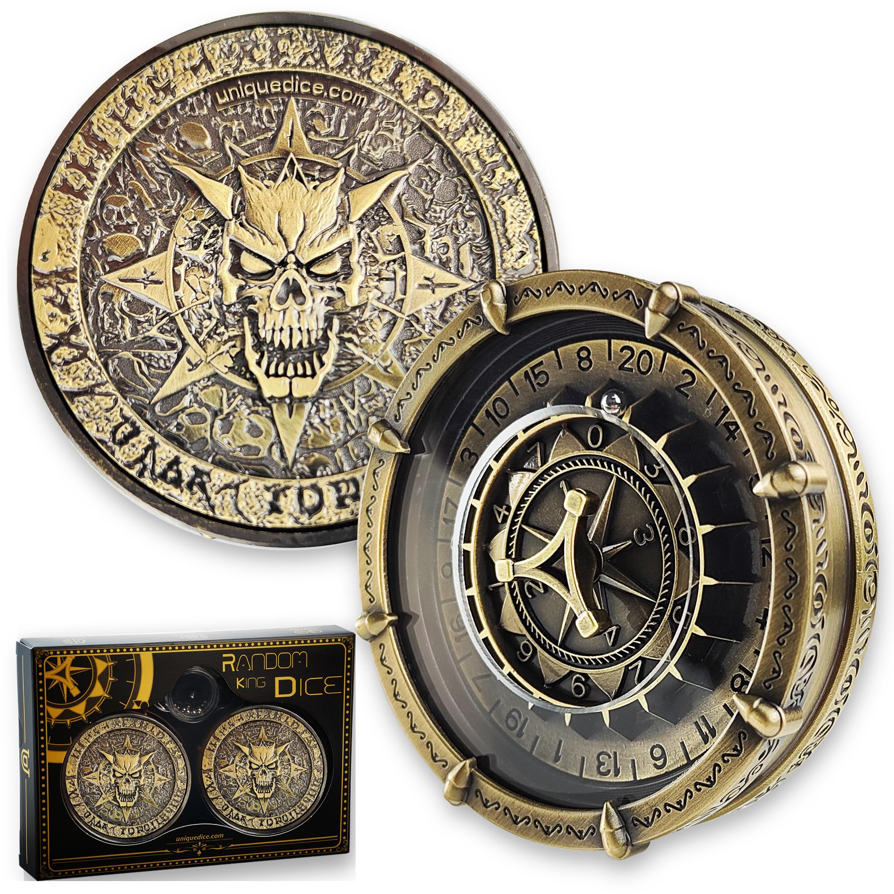 Unique Roulette Dice Spinner Set 7-in-2 Unusual Dice for Dungeons and Dragons D&D Tabletop TRPG Role Playing Skeleton Devil Deal 20 Sided Roller Wheel - Color Brass