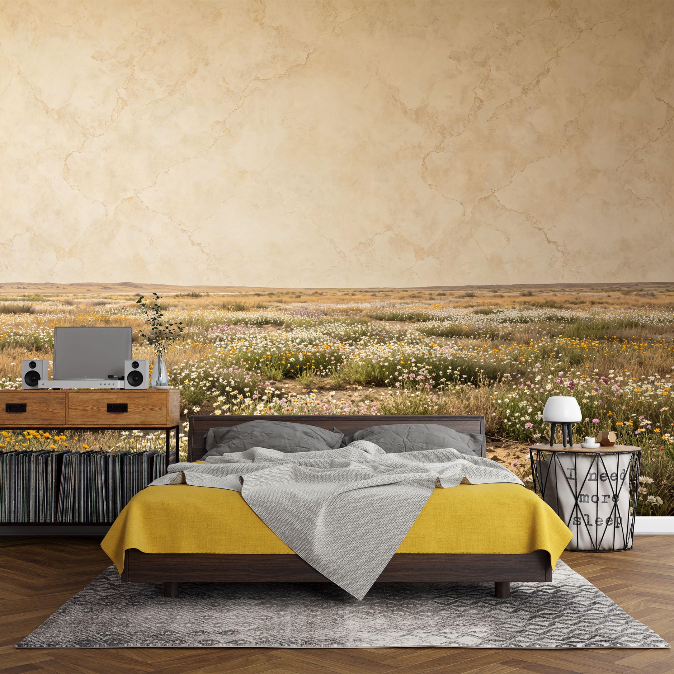 Custom Size Wall Mural， Landscape Wildflower Meadow Nature Field Pastel Floral，SelfAdhesive Art Prints wall Fabric (No PVC) Removable Wallpaper Living Room Decor