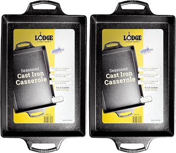 Lodge Seasoned Cast Iron Casserole Pan - 9 Inches x 13 inches - Heavy-Duty, Durable Seasoned Baking Dish - Classic Cast Iron Casserole Dish for Everyday Cooking Pack of 2