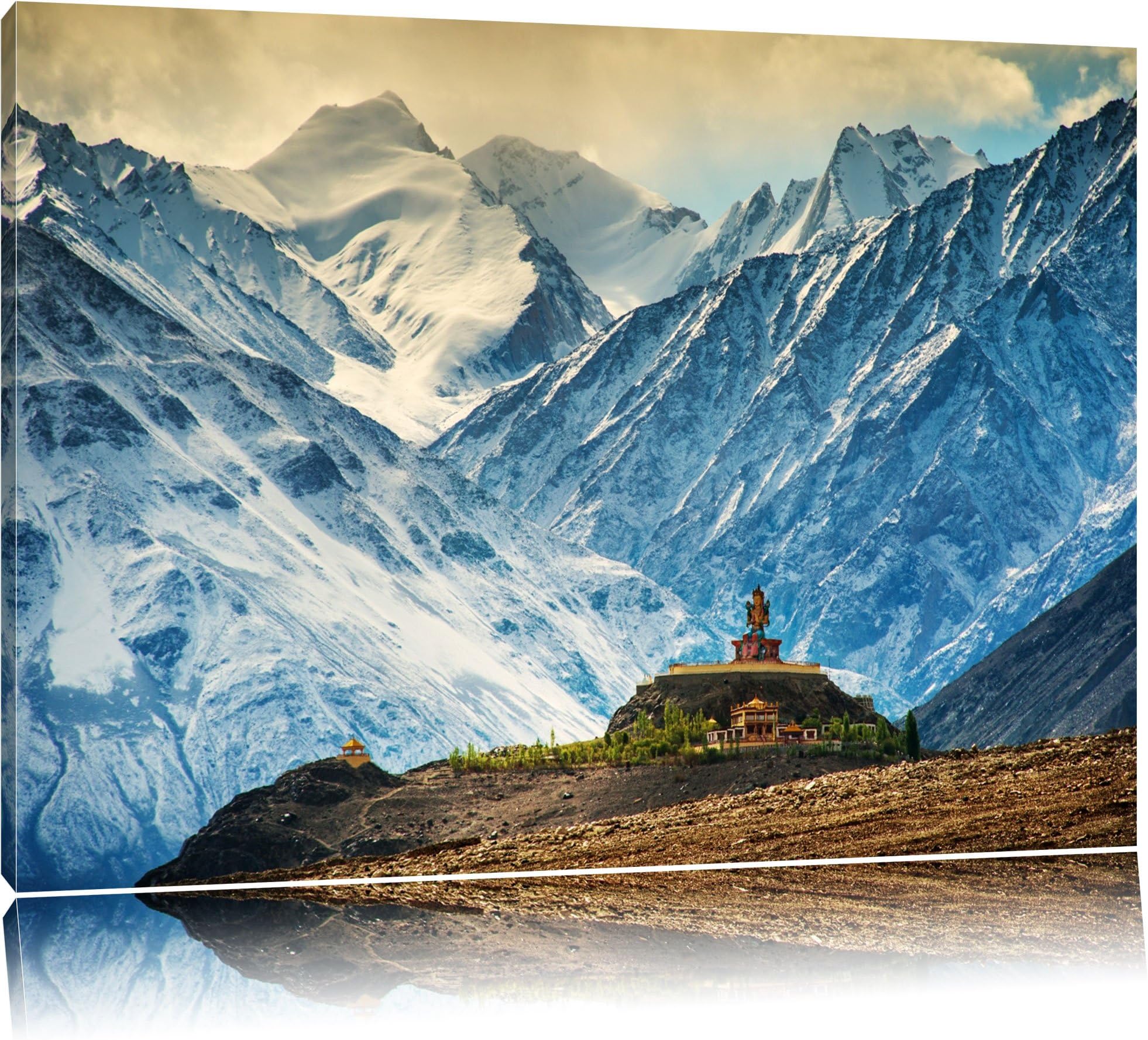 Lonely Temple of snowy mountains in Tibet canvas, XXL huge Pictures completely framed with stretcher, Art print on wall picture with frame, cheaper than oil paintings and picture, no poster or poster size: 120x80 cm