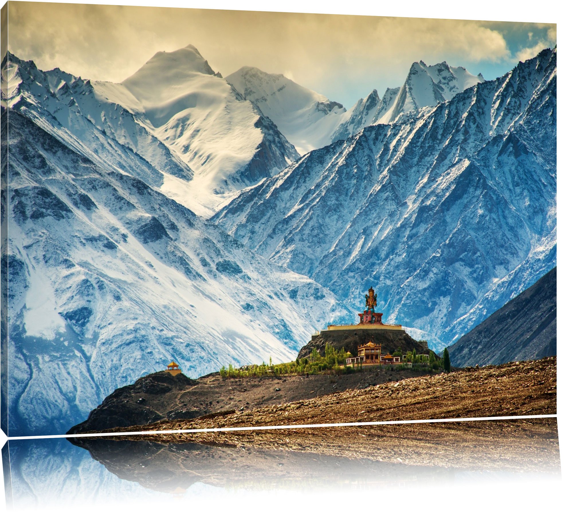 Lonely Temple of snowy mountains in Tibet canvas, XXL huge Pictures completely framed with stretcher, Art print on wall picture with frame, cheaper than oil paintings and picture, no poster or poster size: 120x80 cm