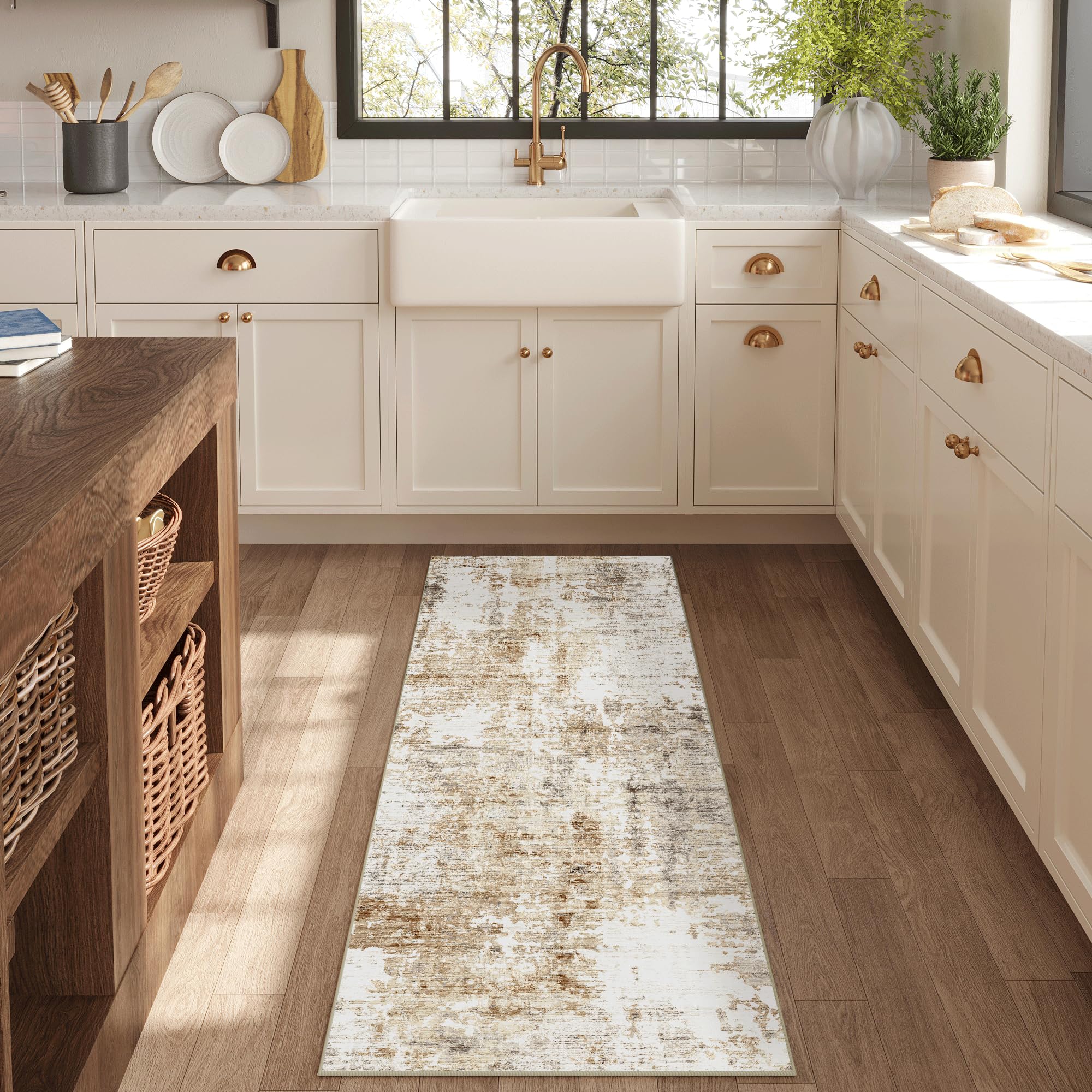 FMFUNCTEX 2x6 Runner Rug Washable Brown Grey Modern Abstract Neutral Non Slip Low Pile Entryway Hallway Soft Indoor Carpet for Kitchen Bedroom