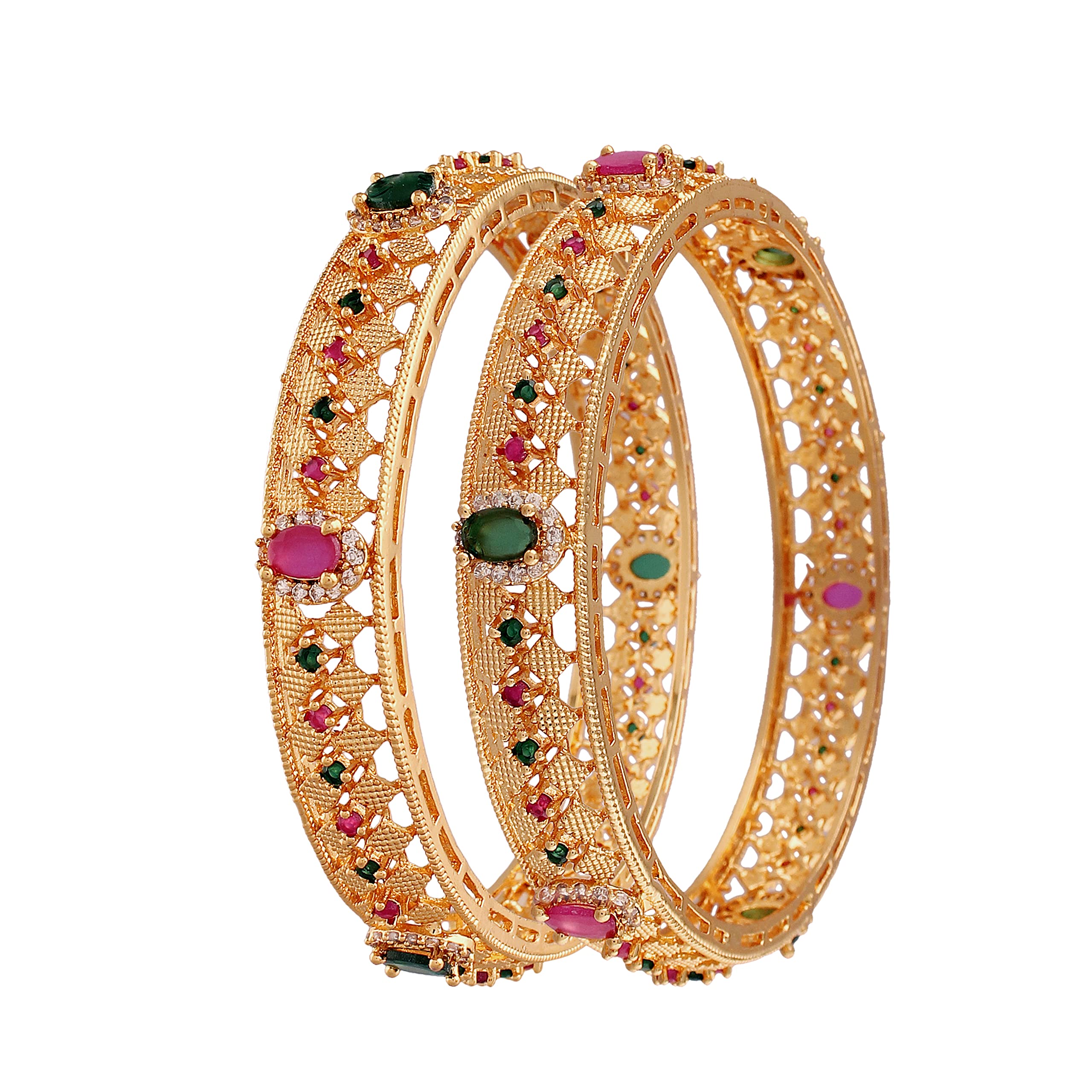 I Jewels18K Gold Plated Traditional Thick Brass Kada Bangles Encased With CZ American Diamonds For Women/Girls (ADB452QG) (Set of 2)