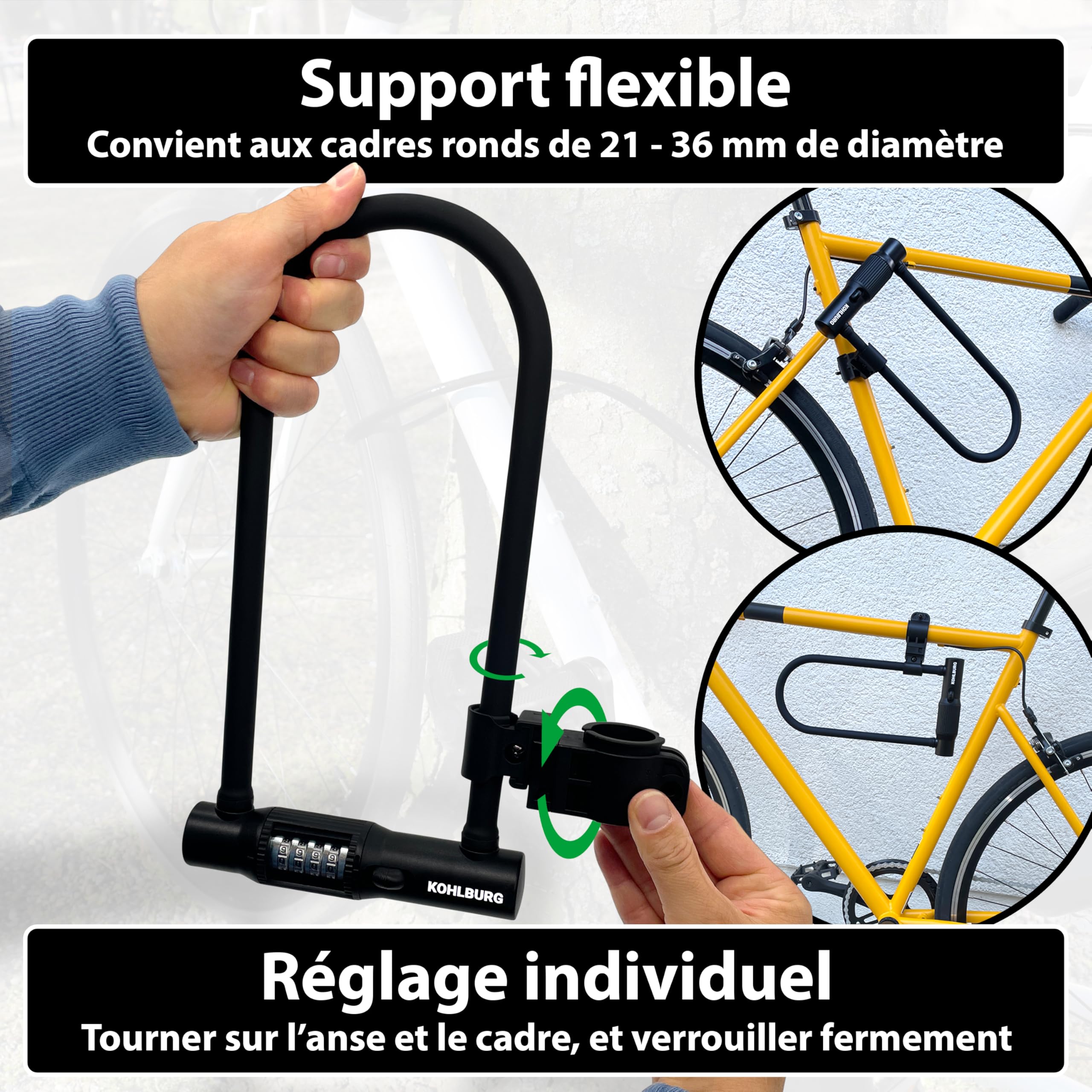 KOHLBURG Antivol en U, avec serrure à combinaison pour vélo, avec support | Antivol en U avec code, Serrure à combinaison vélo - haute sécurité pour vélo électrique - noyau en acier de 12 mm