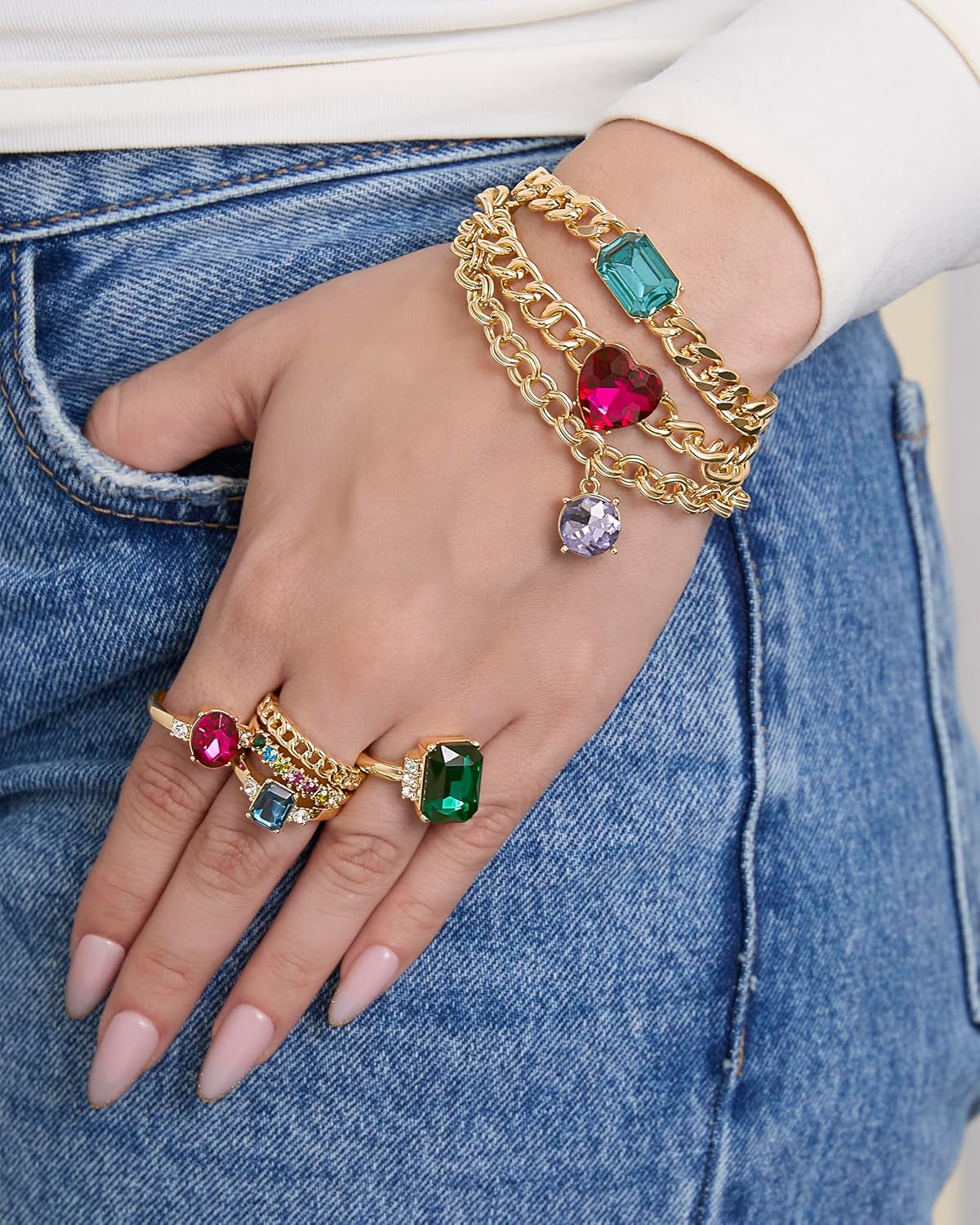 Jessica Simpson Gemstone Charm Chain Bracelet for Women 3-Piece, 7"+2" Chunky Charm Bracelets Gold-Tone with Gems - Image 2