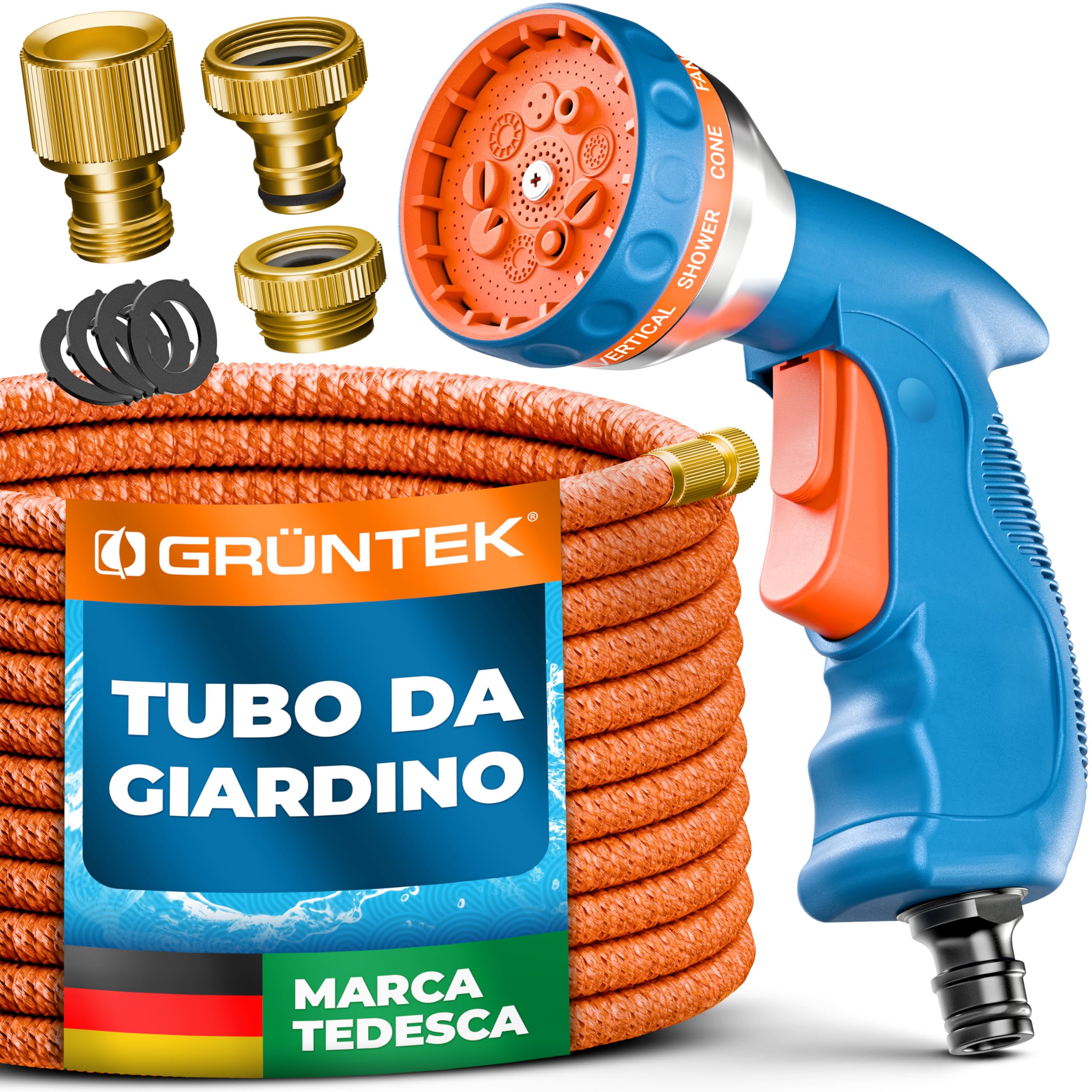 GRÜNTEK Tubo Estensibile Irrigazione Giardino (7,5-22,5M) Canna Acqua e Pistola a Irrigazione 10 spruzzi (Raccordi Ottone).