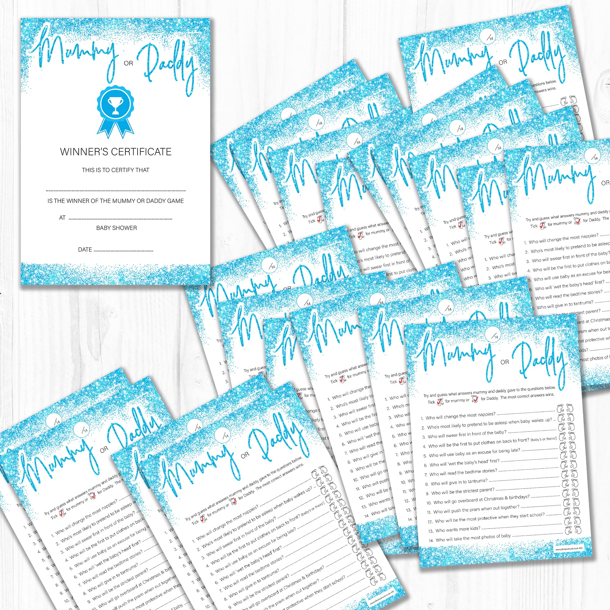 20x Mama/Papa Babyparty-Spielkarten – Blaues Glitzer-Design Für Jungen