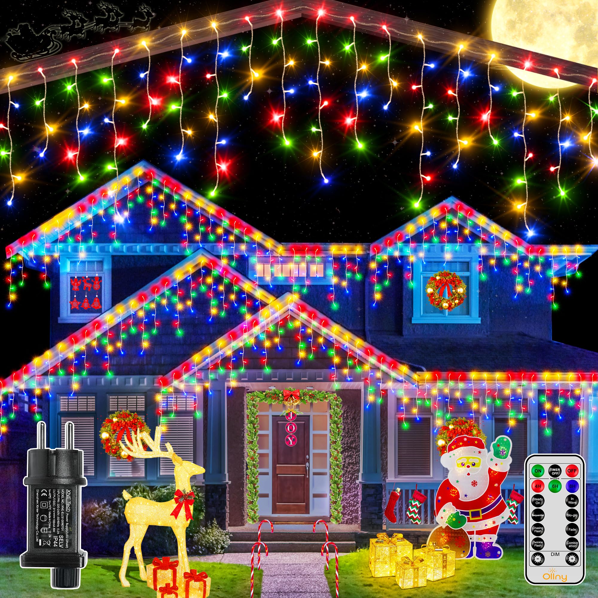 Ollny Eisregen Lichterkette außen 12m 504 LEDs Weihnachtsbeleuchtung außen Bunt 84 Saiten IP44 wasserdicht 8 Modi mit Fernbedienung Timer EU Stecker für Pavillon Balkon