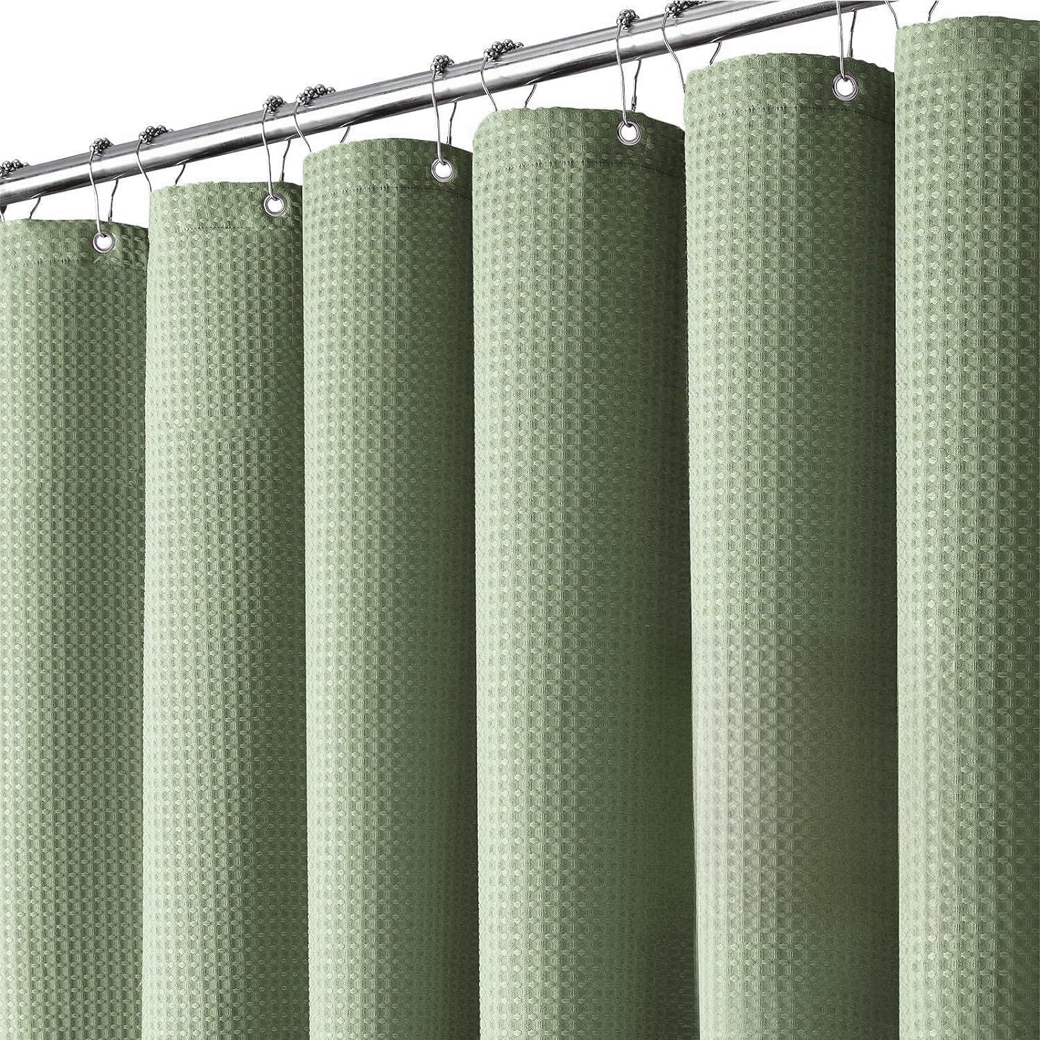 Inhousolu Fabric Shower Curtain Waffle Weave, Sage Green 230 GSM Heavy Duty, Weighted Hem, 14 Metal Hooks, Water Repellent, Machine Washable, Hotel
