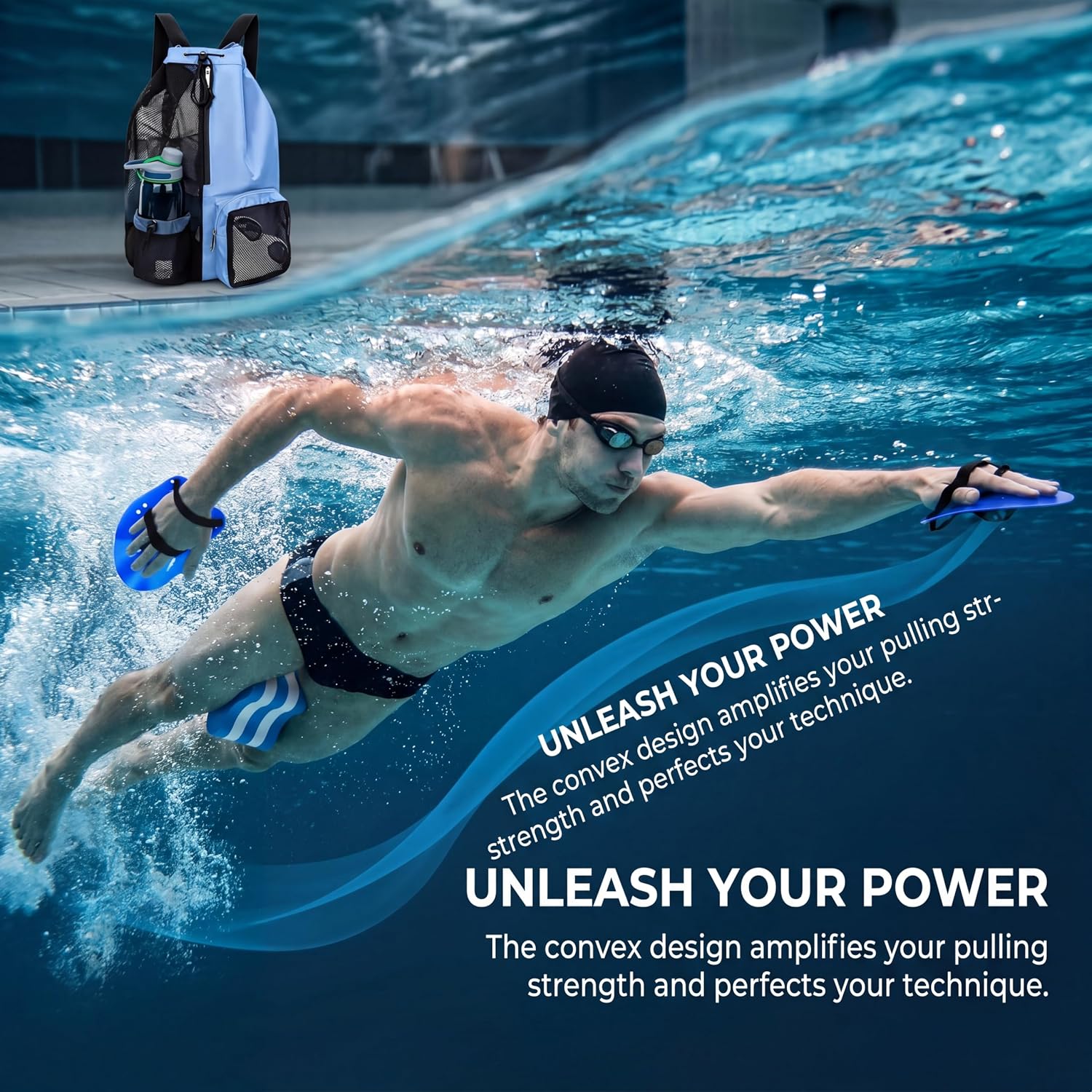 4 Pcs Swim Training Set, Pull Buoy & 2 Adjustable Strap Hand Paddles with Large Mesh Backpack, Lightweight Durable Adult Swim Training Equipment Kit for Individual & Team Workouts