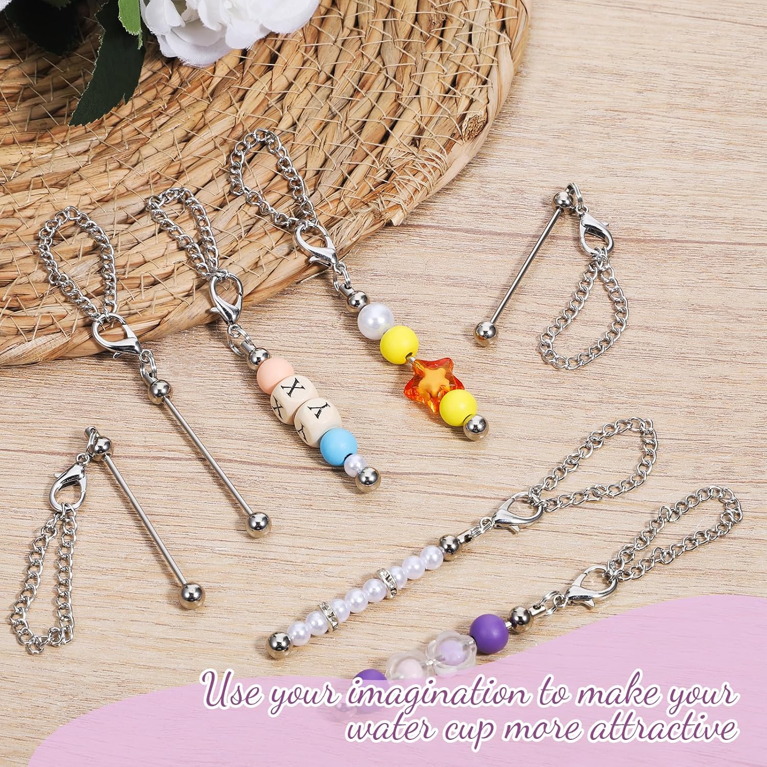 50/60 Pcs Beaded Cup Charms, Silver Metal Beadable Keychain Blank Beaded Keychain Bar for DIY Crafts, Key Chain