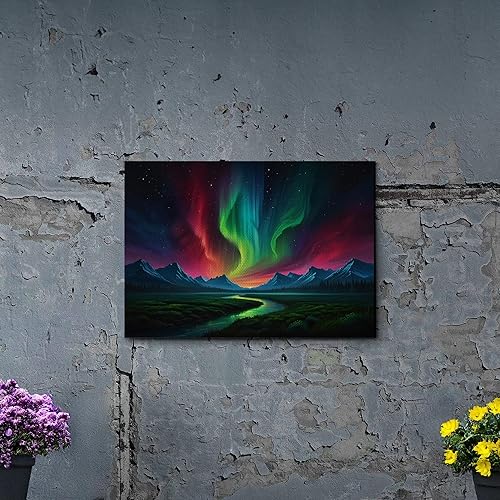 Miniatura 3 de Aurora Borealis, Northern Lights Art, framed canvas print, snow capped mountain landscape art, synthwave vaporwave, Home Decor, Wall