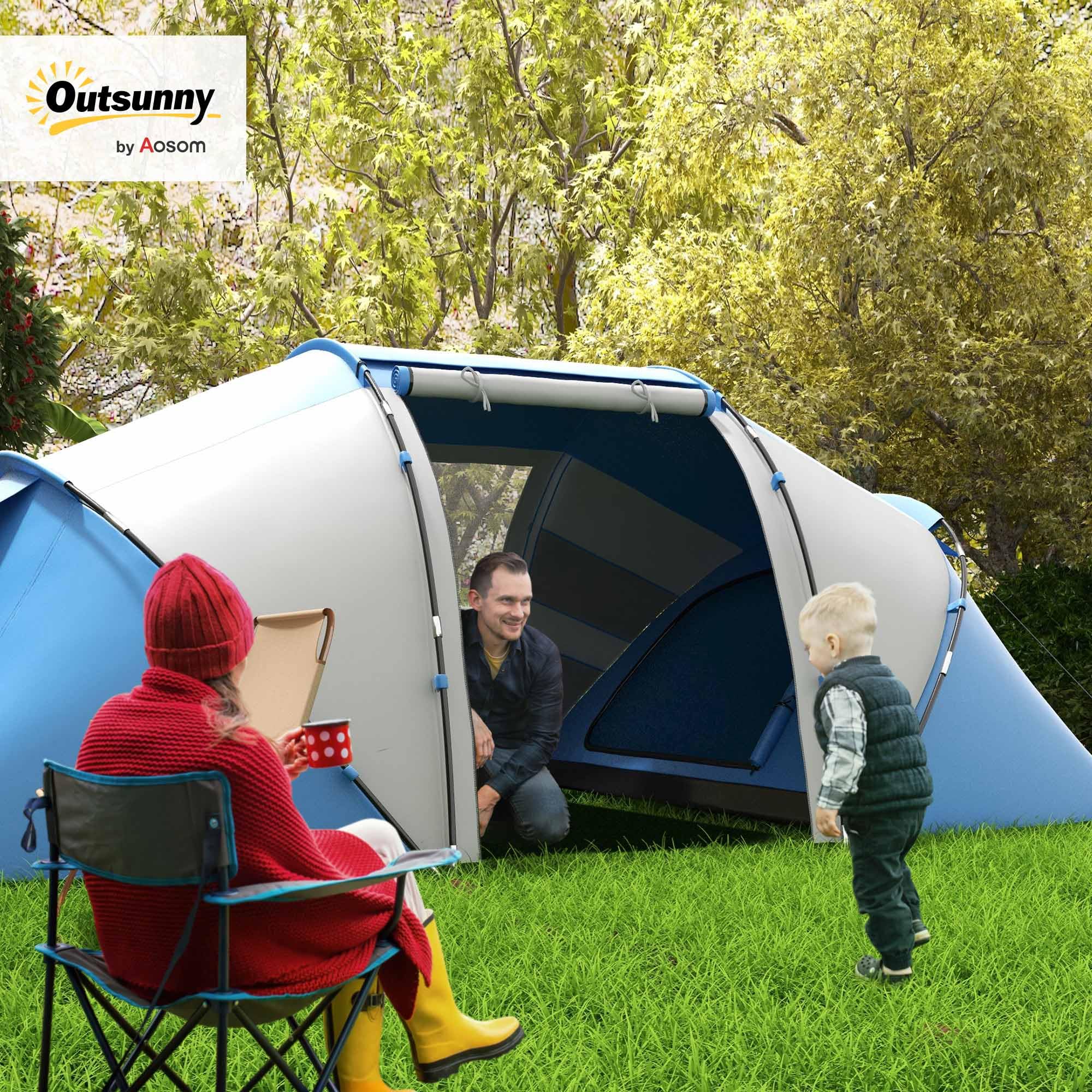 Outsunny Tenda da Campeggio 4 Posti con 2 Zone Notte e Borsa da Trasporto, 430×240×170 cm, Bianco e Azzurro