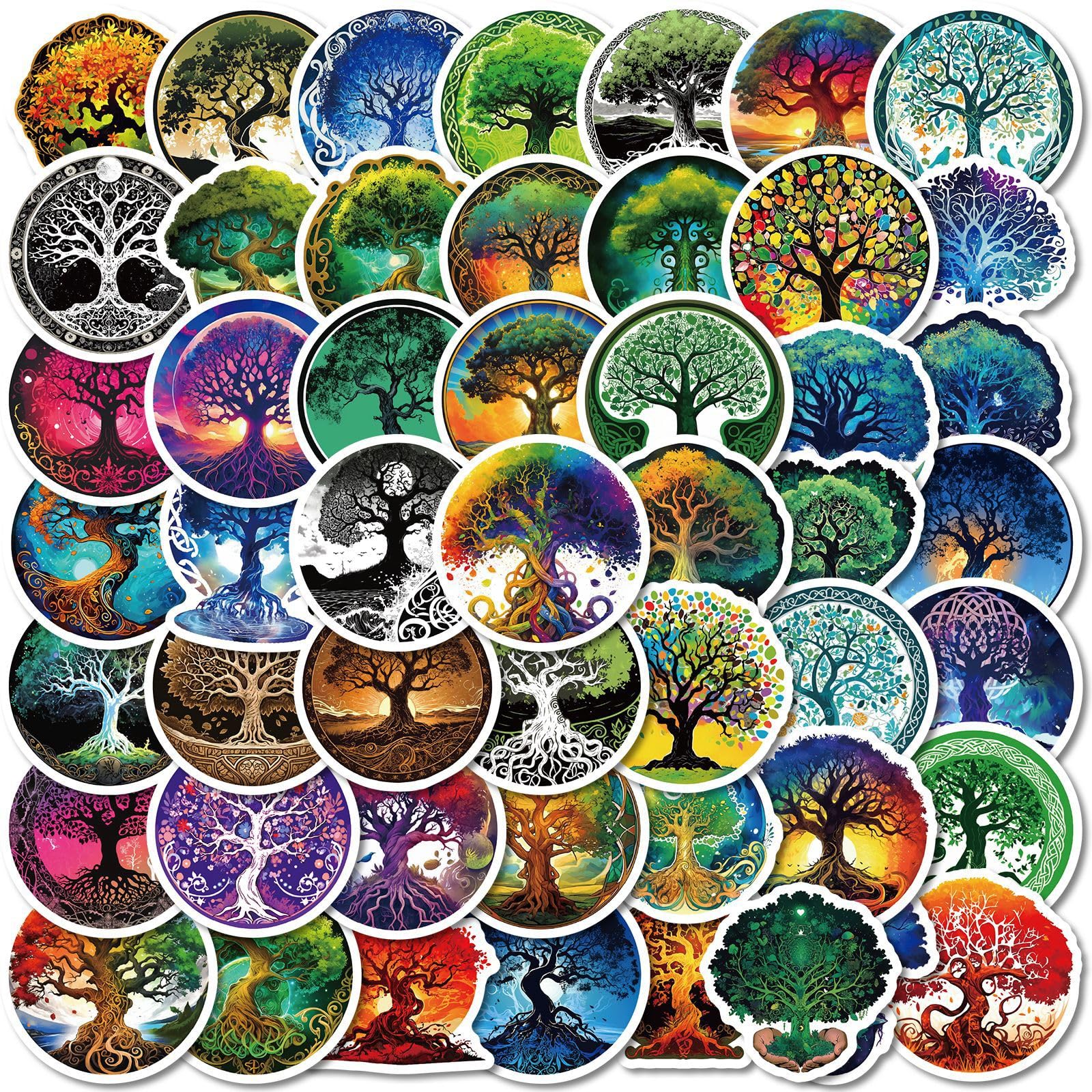 Tree of Life Stickers - 50Pcs Vinyl Waterproof Fantasy Boho Spiritual Nature Forest Stickers for Scrapbook,Laptops,Water Bottles,Suitcase,Journals