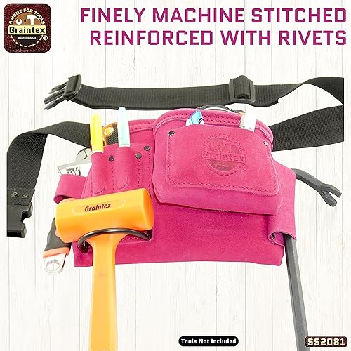 Miniatura 9 de GRAINTEX SS2081 - Bolsa de 5 bolsillos para uñas y herramientas, piel de gamuza de color rosa con cinturón de cincha de 2 pulgadas para