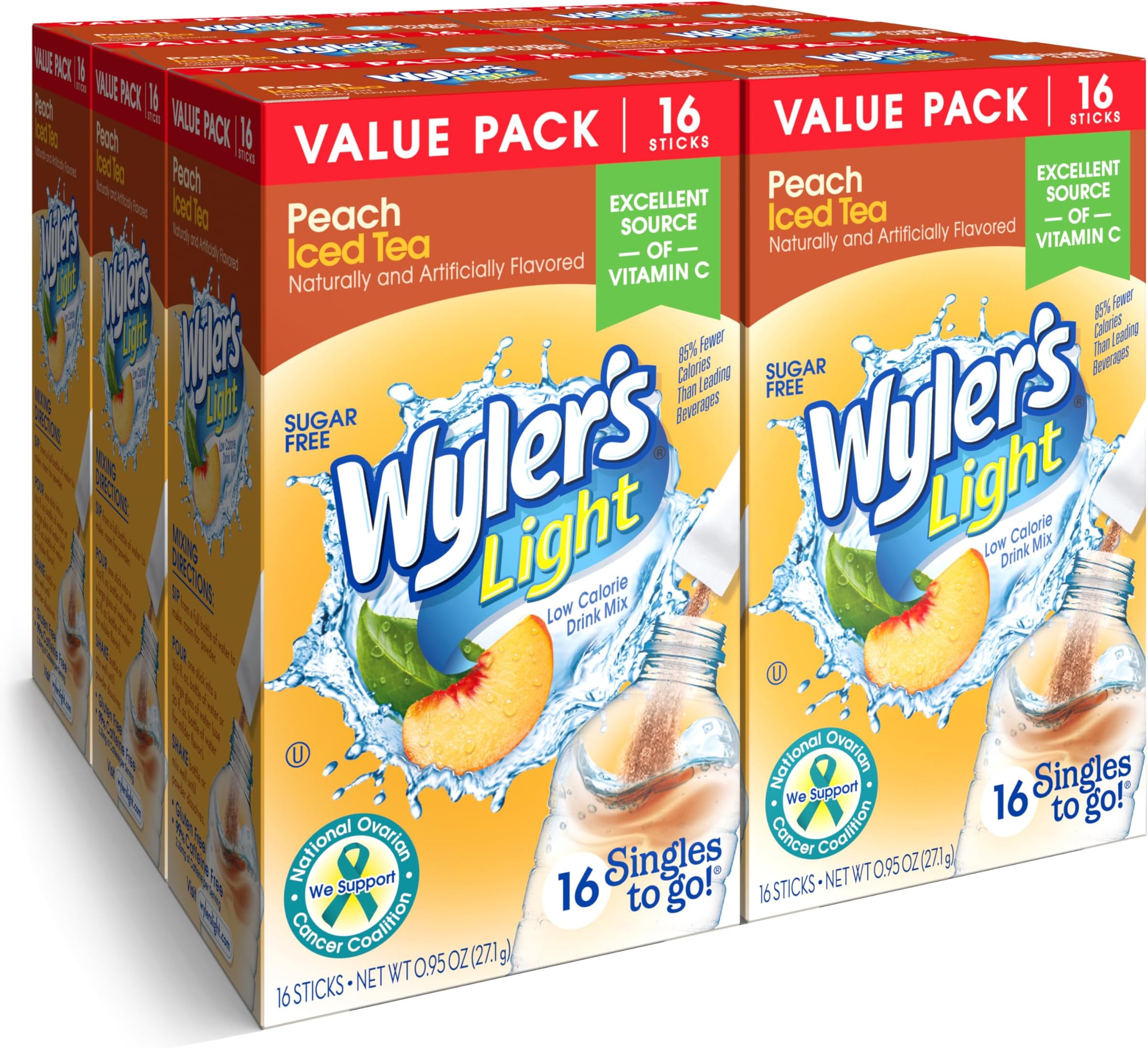 Singles To Go Powder Packets, Water Drink Mix, Peach Iced Tea, 16 Count, 6 Boxes (96 Single Servings)