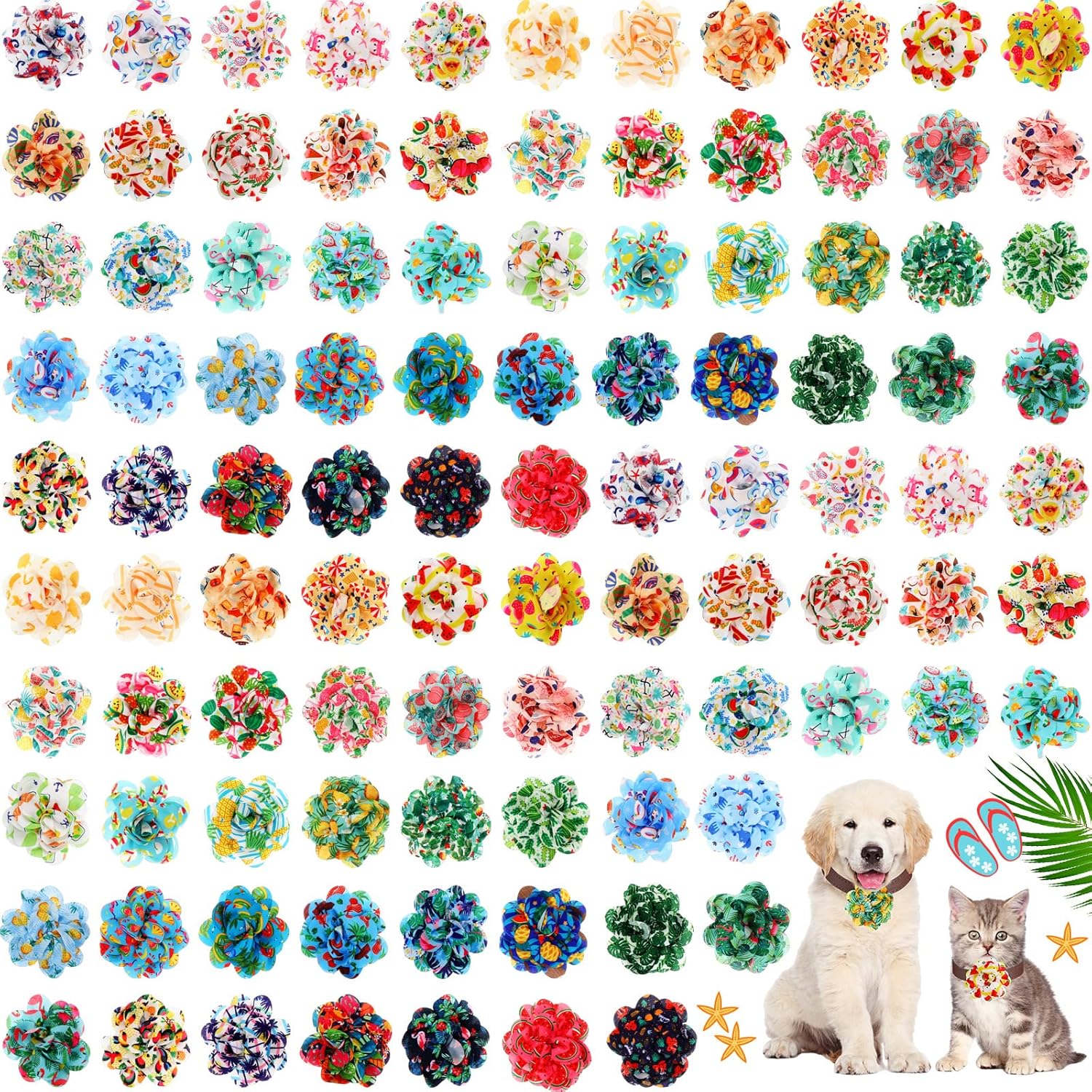 Sanwuta 100 Pcs Dog Collar Flower Bows for Dogs Soft Multi Color Flower Bows Chiffon Dog Collar Accessory for Small Medium Large Puppy Cats Grooming Birthday Wedding Spring Summer Hawaiian Parties