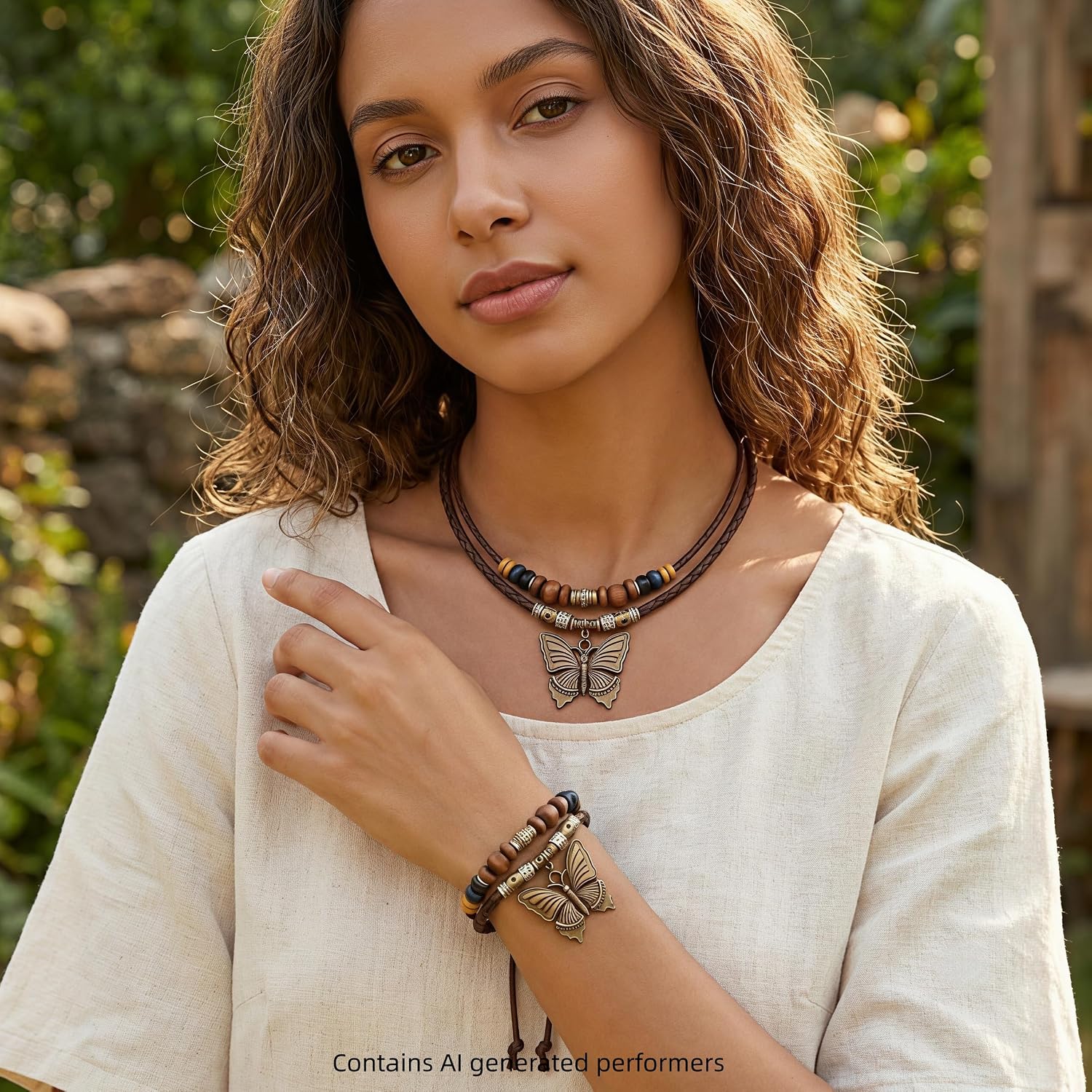 Boho Jewelry for Women, Vintage Pendant Necklace, Wooden Beads Layered Braided Choker, Tribal Leather Rope Bracelet and Earrings, Statement Bohemian Accessories