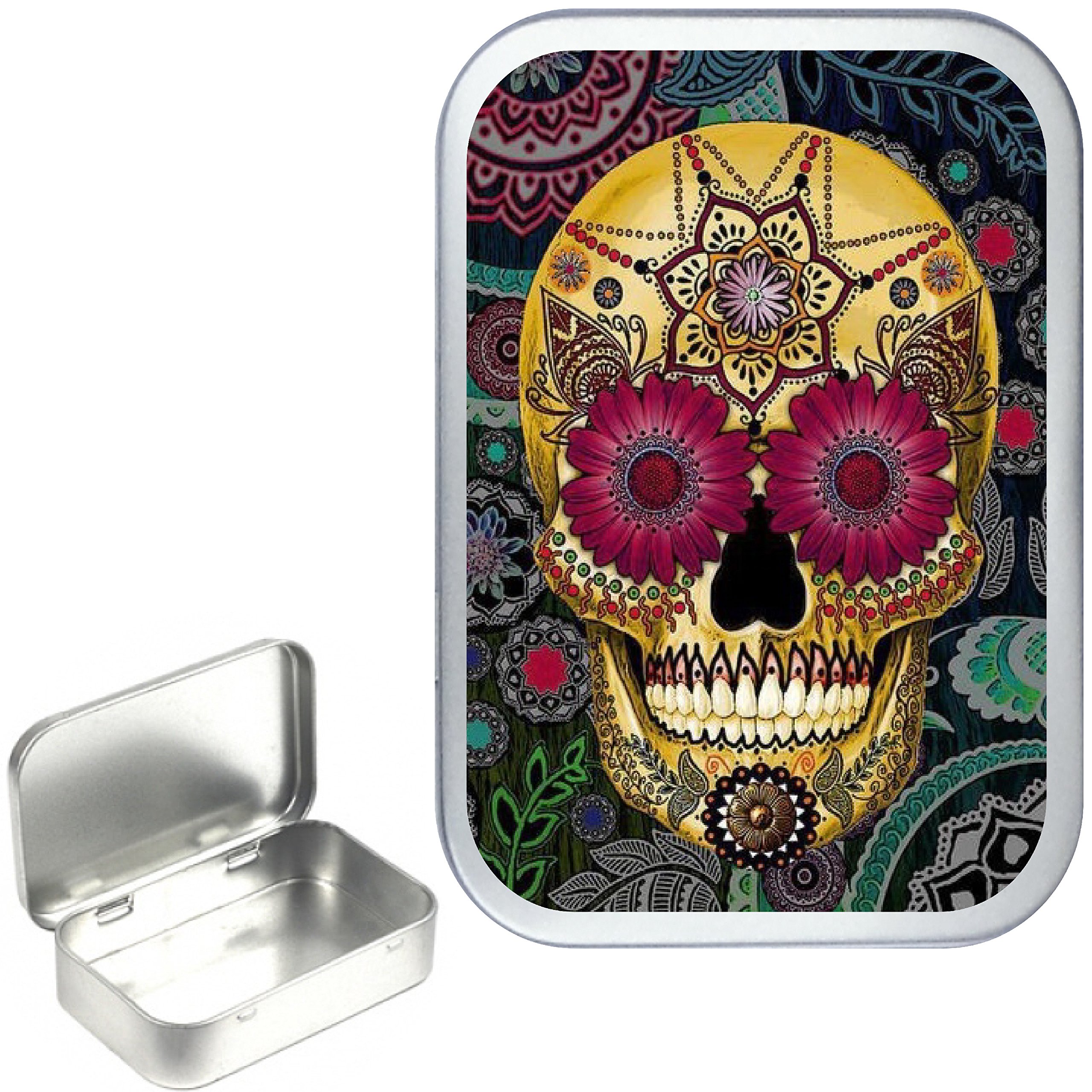skull tobacco tin YELLOW CANDY SKULL TOBACCO TIN 50ml, 1oz SILVER HINGED TOBACCO TIN,PILL  BOX,STORAGE TIN : Amazon.co.uk: Garden