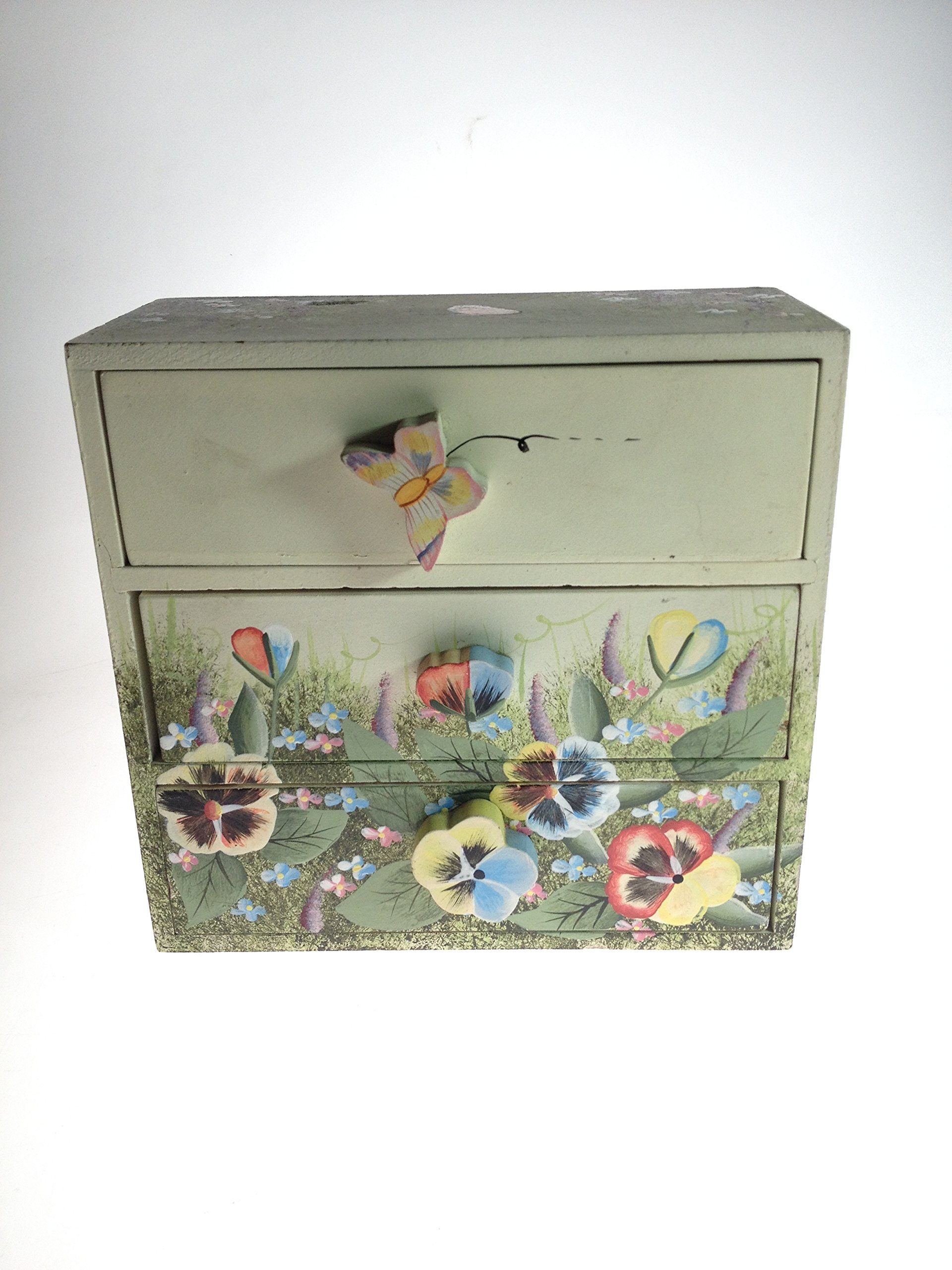 Small Hand Painted Pansy Wood Cabinet with Three Drawers
