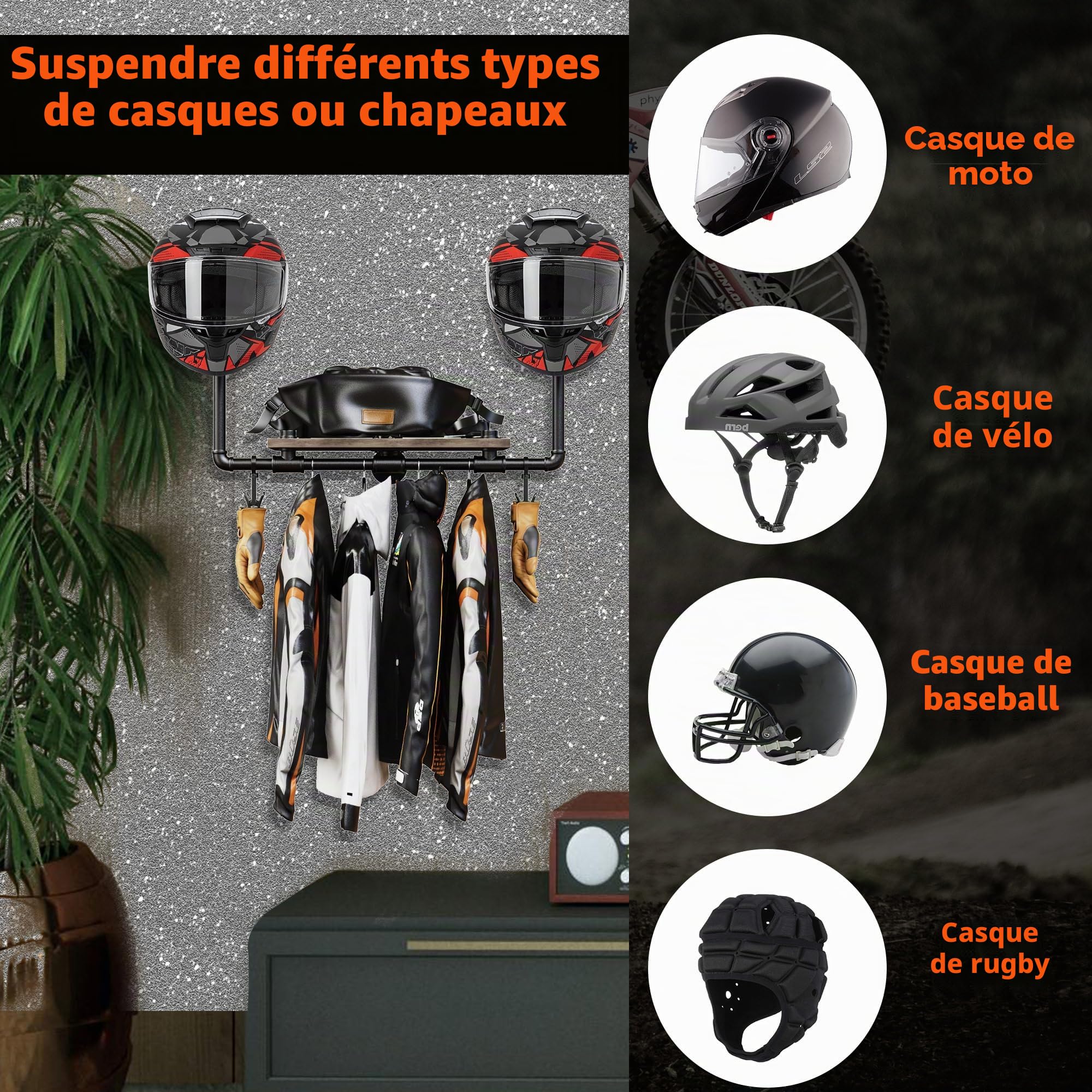 Support mural 3 en 1 pour casque de moto avec 2 clips pour gants, support de casque en bois massif et métal (marron)