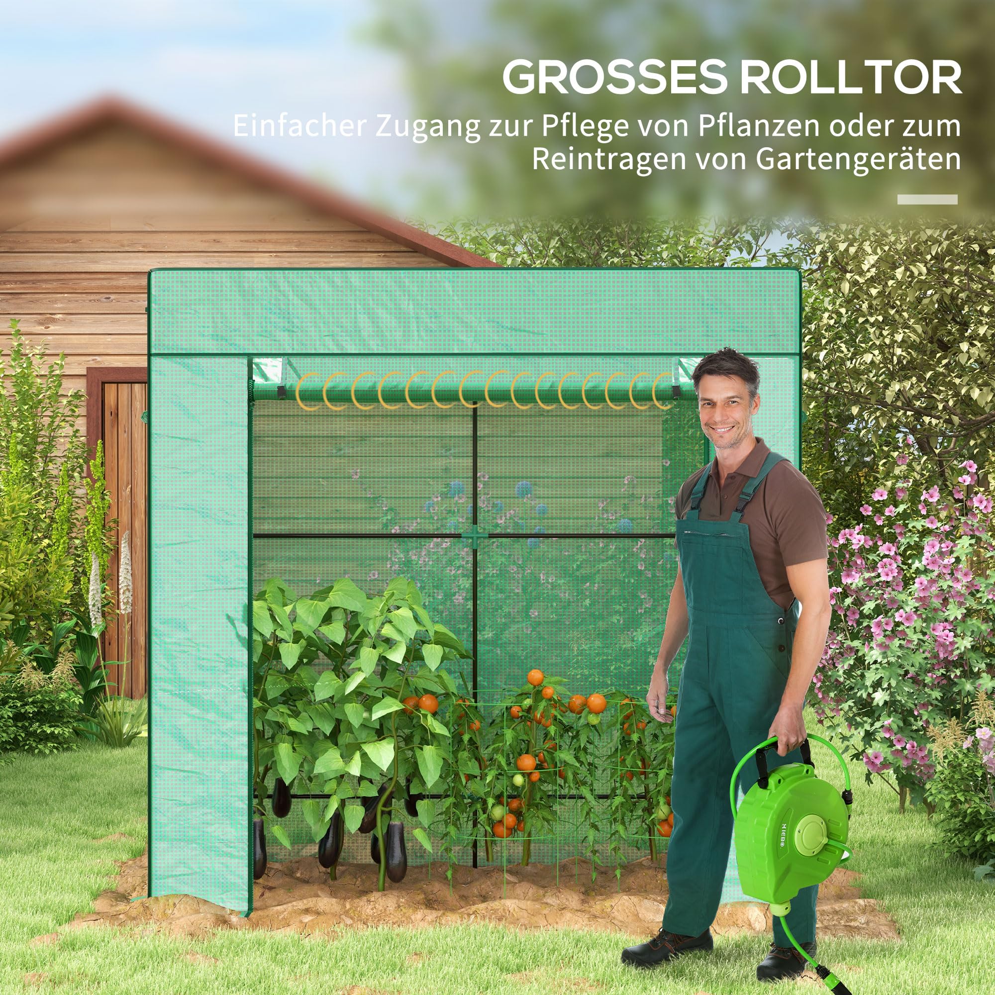 Outsunny Tomatengewächshaus Foliengewächshaus mit Rolltor Netzfenster Schrägdach 196 x 77 x 197 cm Stabil Gewächshaus mit PE-Folie Erdhaken Tomatenhaus Treibhaus für Garten, Balkon, Terrasse Grün