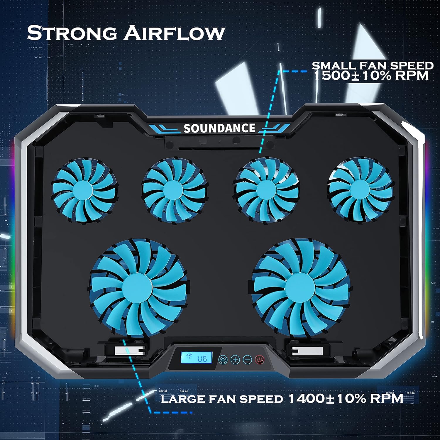 SOUNDANCE Laptop Cooling Pad with 6 Quiet Fans, Laptop Cooler Adjustable Height Prevent Overheating, with RGB Lights, Dual USB Ports, Metal Panel, Suit for All Gaming Laptop Up to 17.3”, Black : Electronics