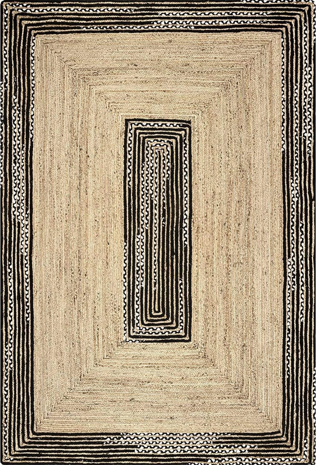 Indian Handmade Natural Jute Area Rug Braided Bohemian Living Room Farm House Rugs (Black & White, 9' x 12')