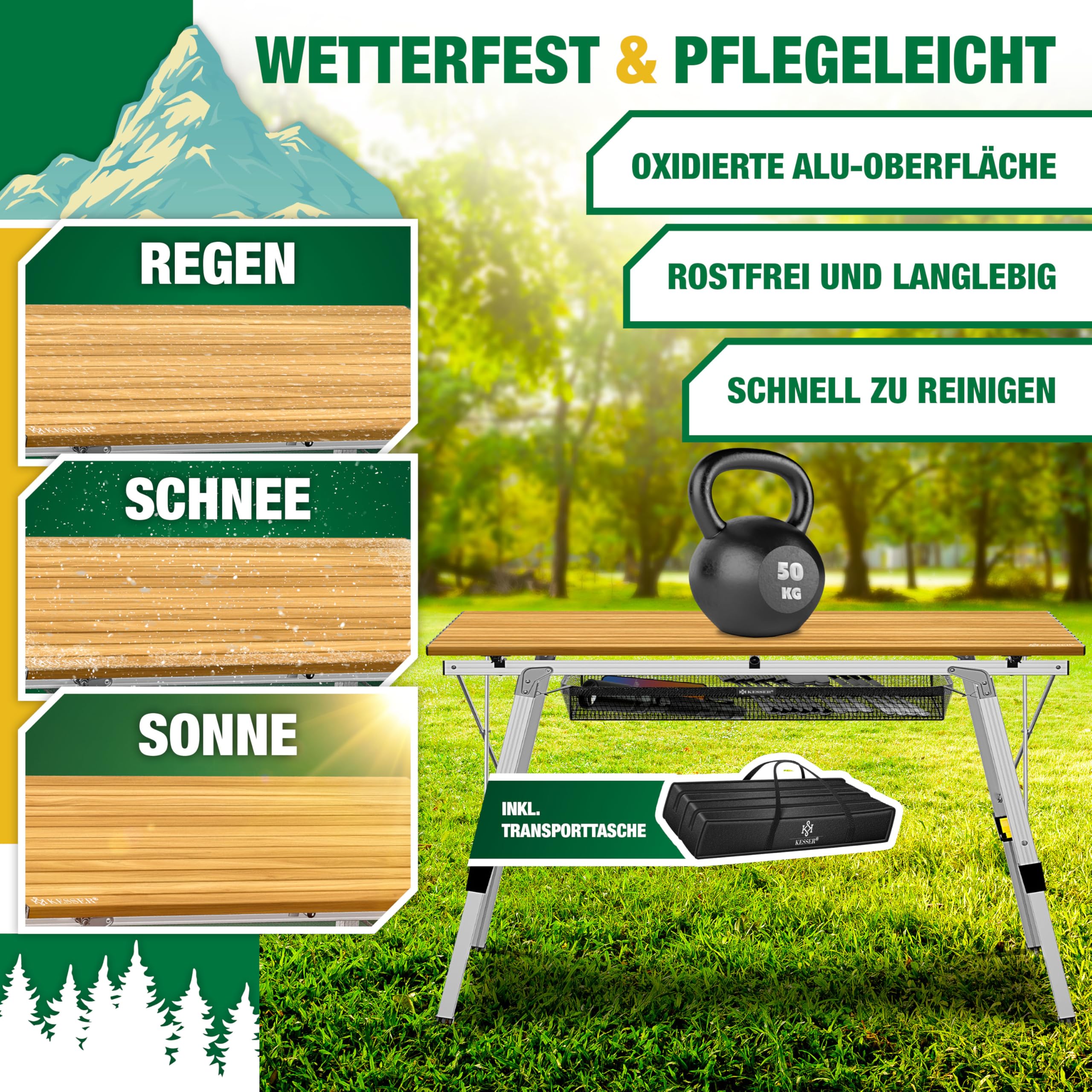 KESSER® Campingtisch faltbar Klapptisch mit Aluminiumrahmen Aufrollbare Tischplatte Falttisch klappbar Höhenverstellung 120x70cm - bis 100kg inkl. Tragetasche mit Trageband & Netztasche, Holz-Optik
